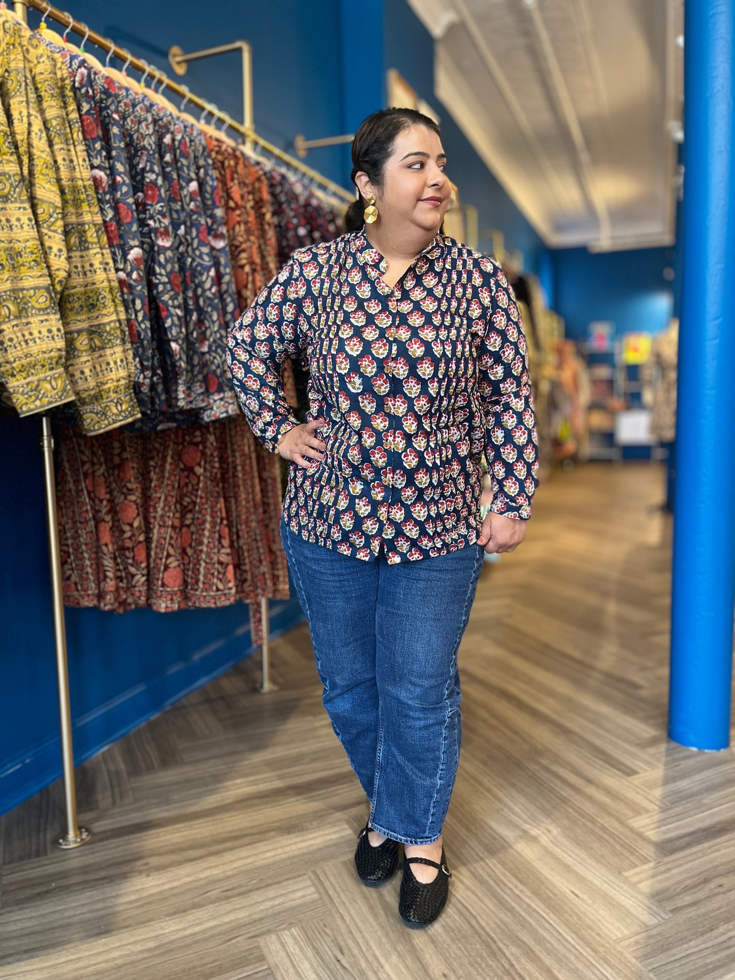 Blouse with Tucks ~ Navy Blue Red