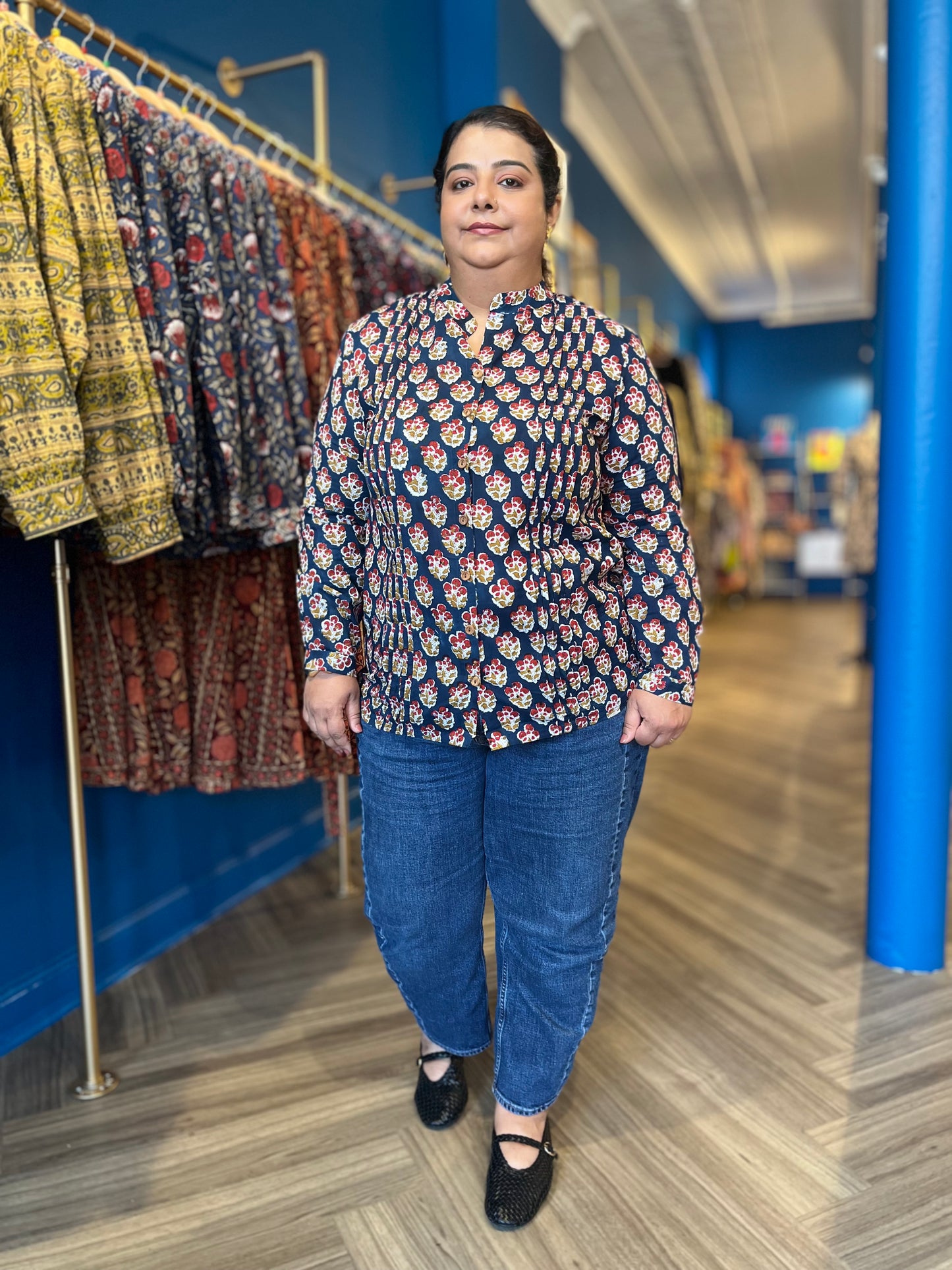 Blouse with Tucks ~ Navy Blue Red