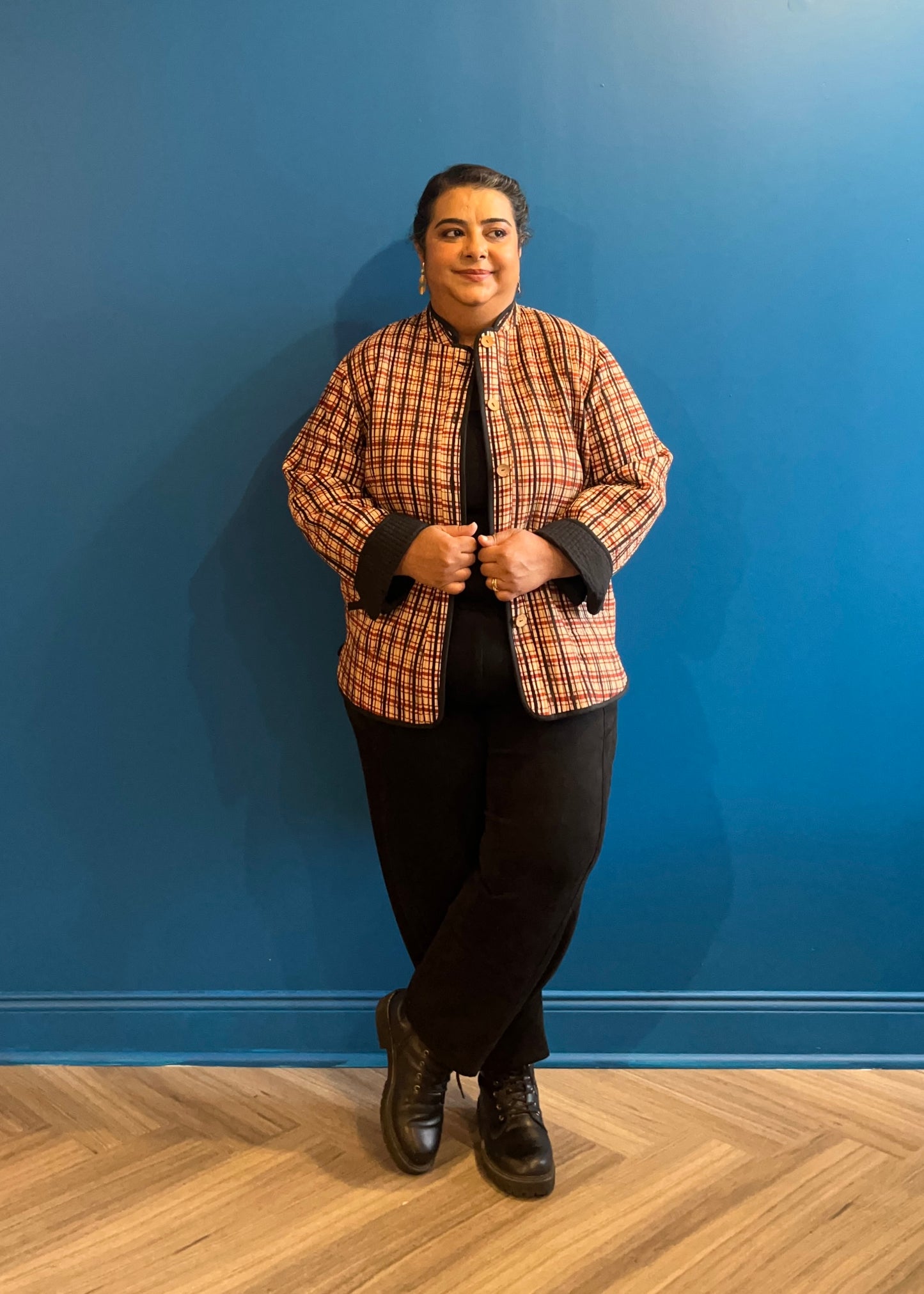 Quilted Jacket - Cream Red Black Check