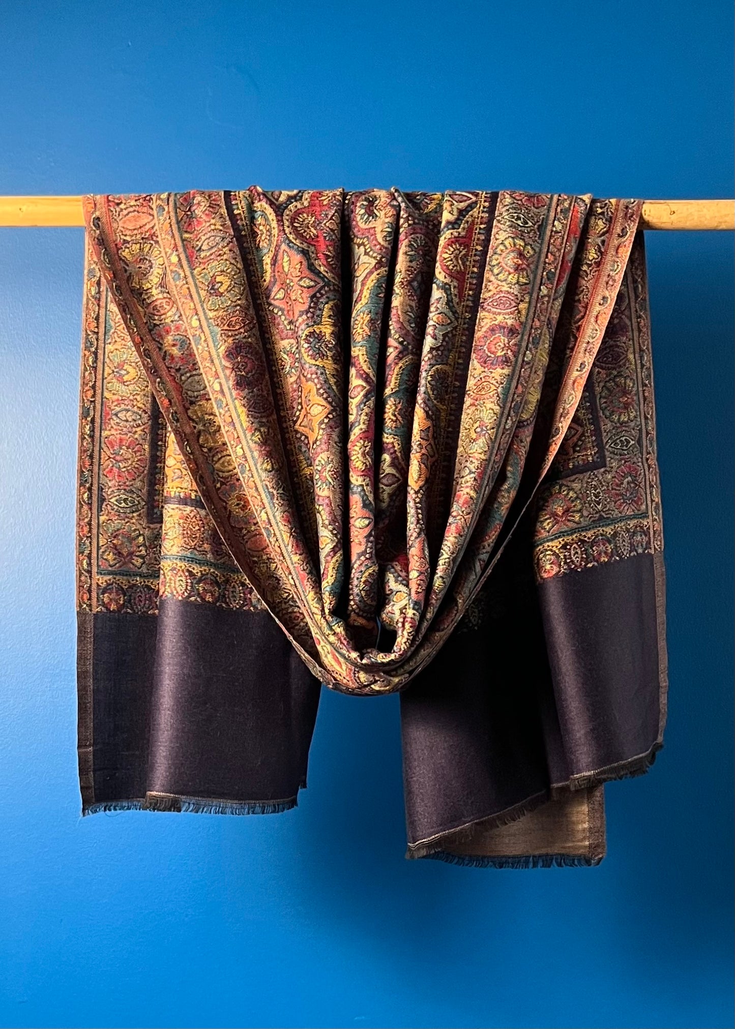 Wool Tencel Wide Scarf in Navy Blue Beige- Pattern 1