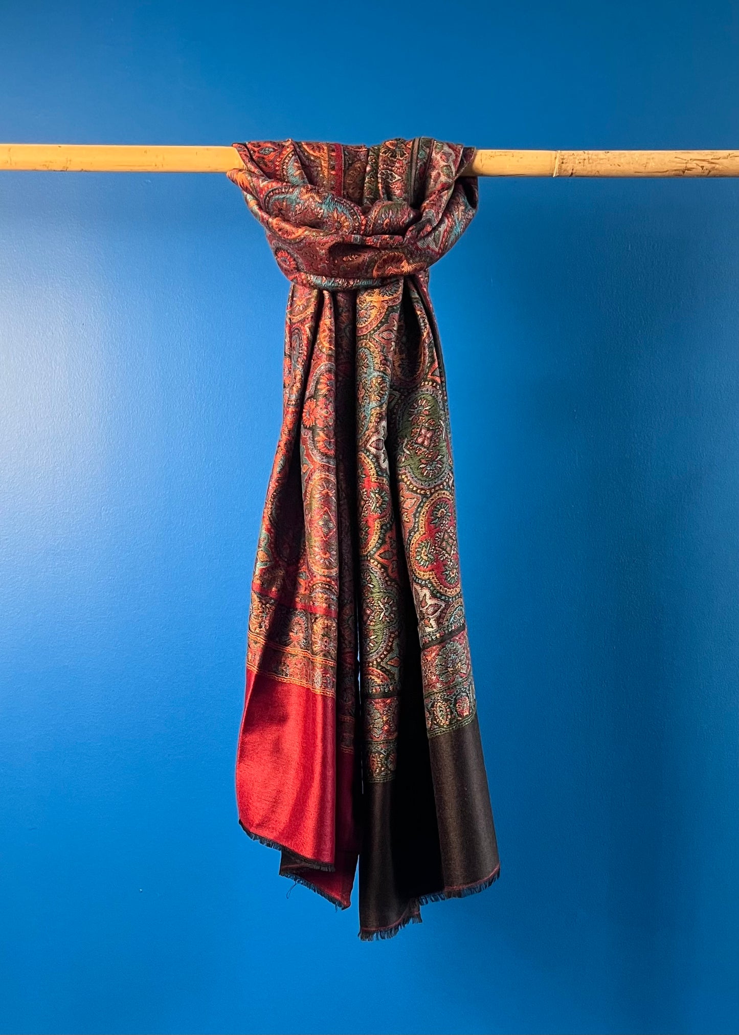 Wool Tencel Wide Scarf in Red Black- Pattern 1