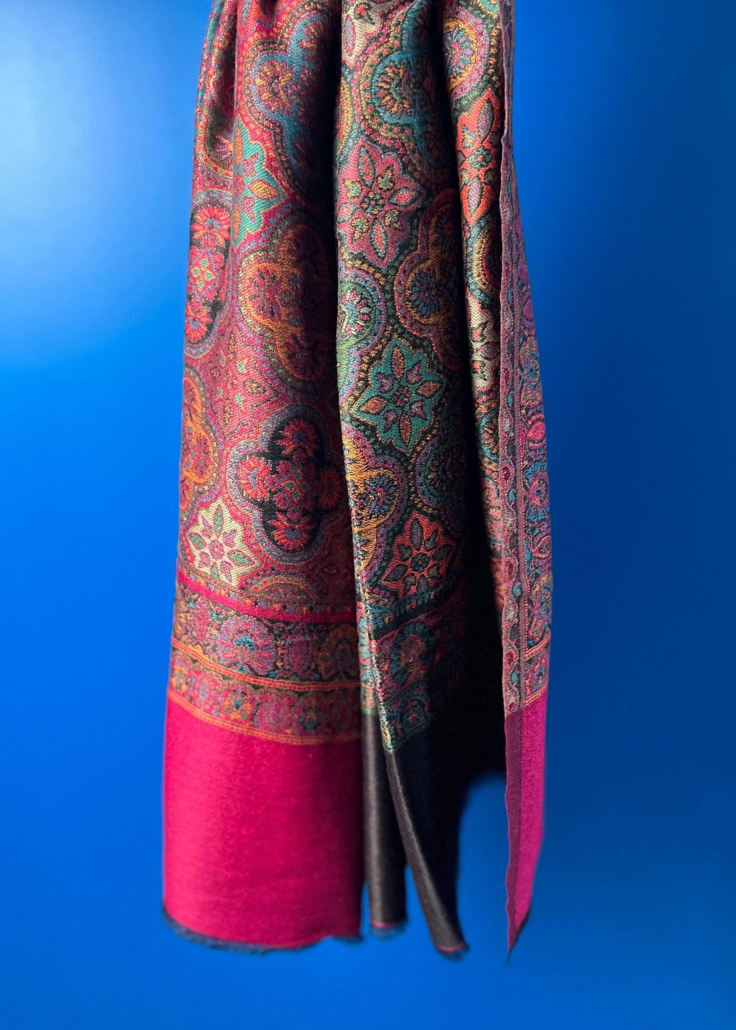 Wool Tencel Wide Scarf in Black Magenta