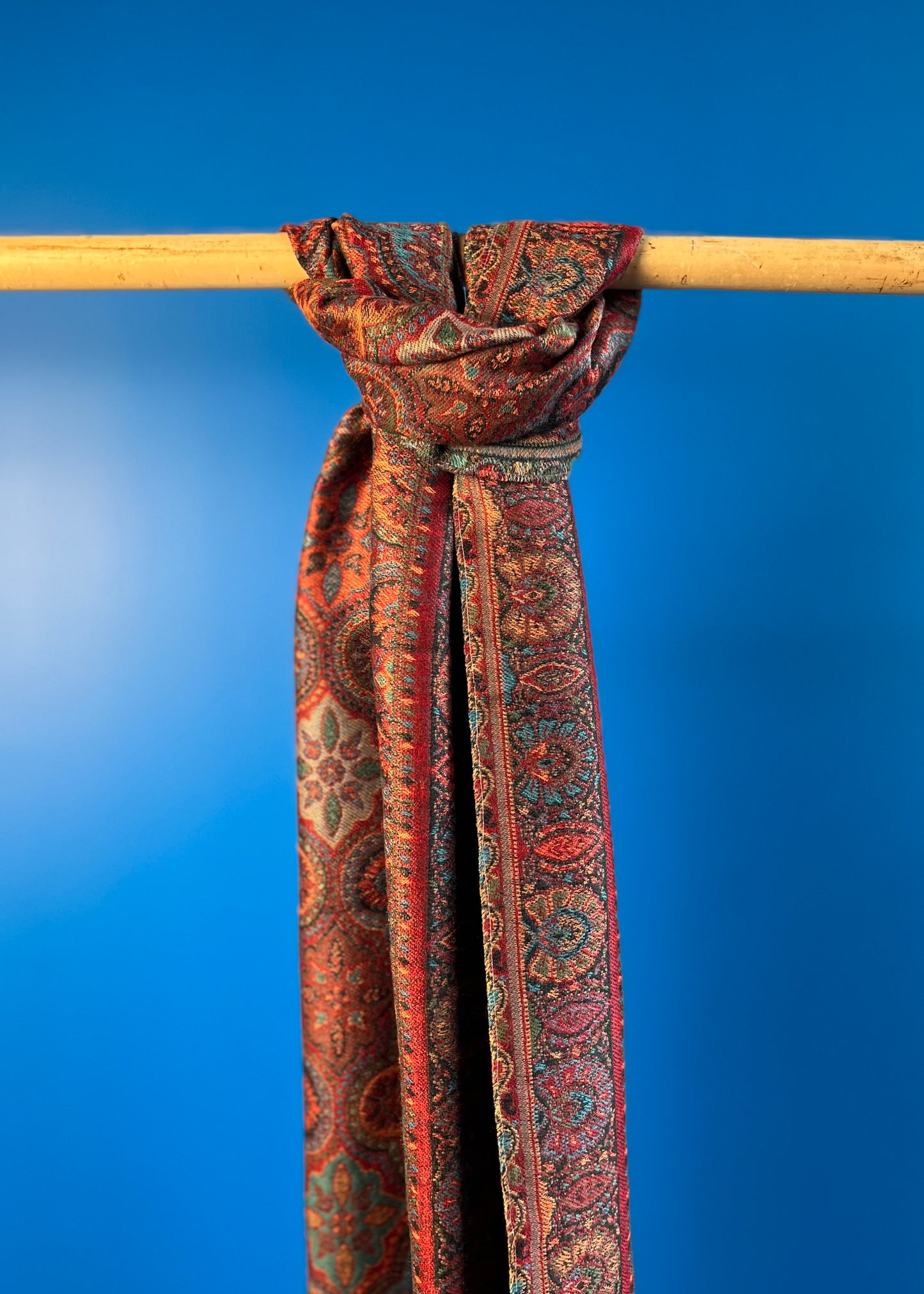 Wool Tencel Narrow Scarf in Red Black- Pattern 2