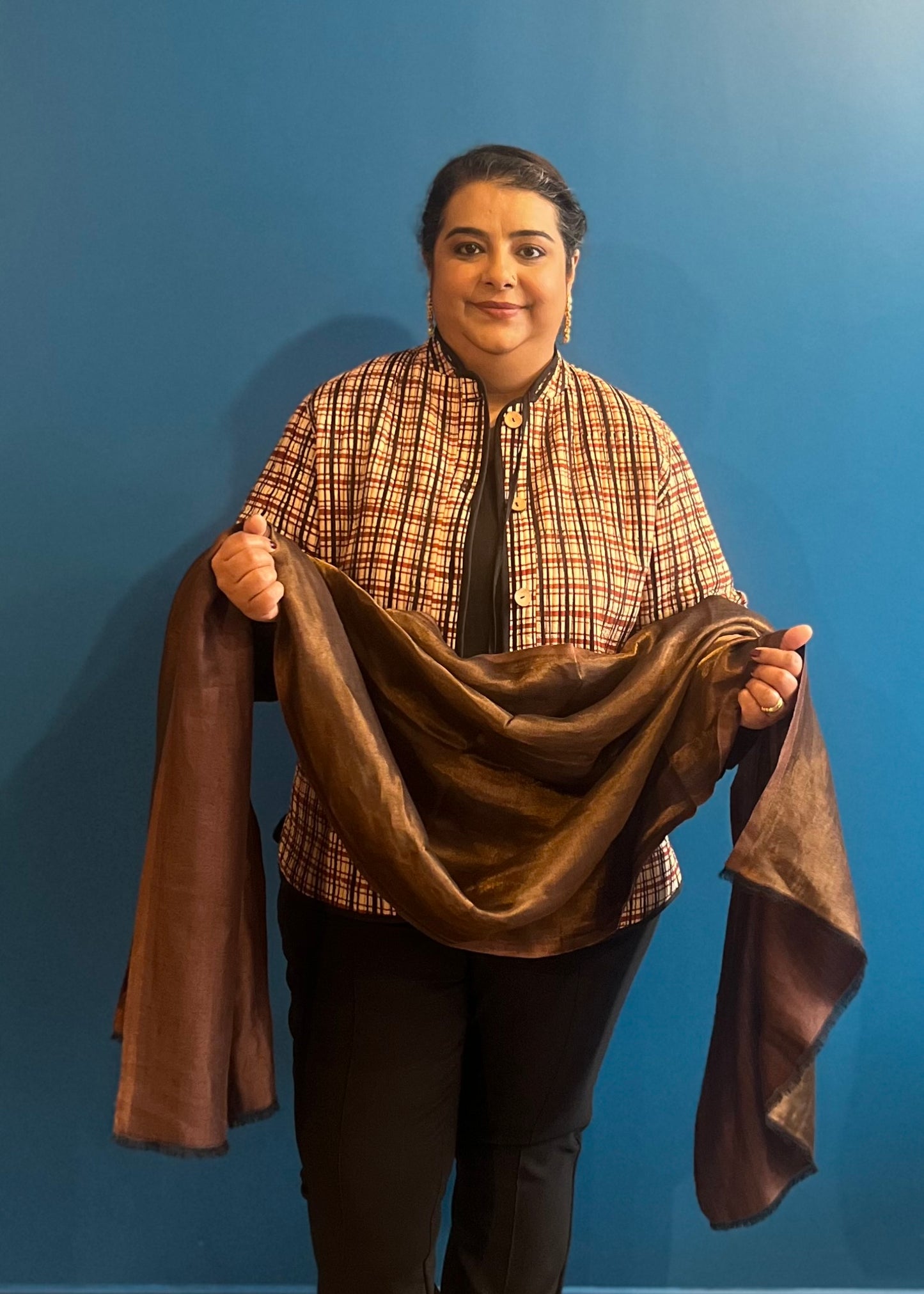 Wool Tencel Wide Scarf in Brown