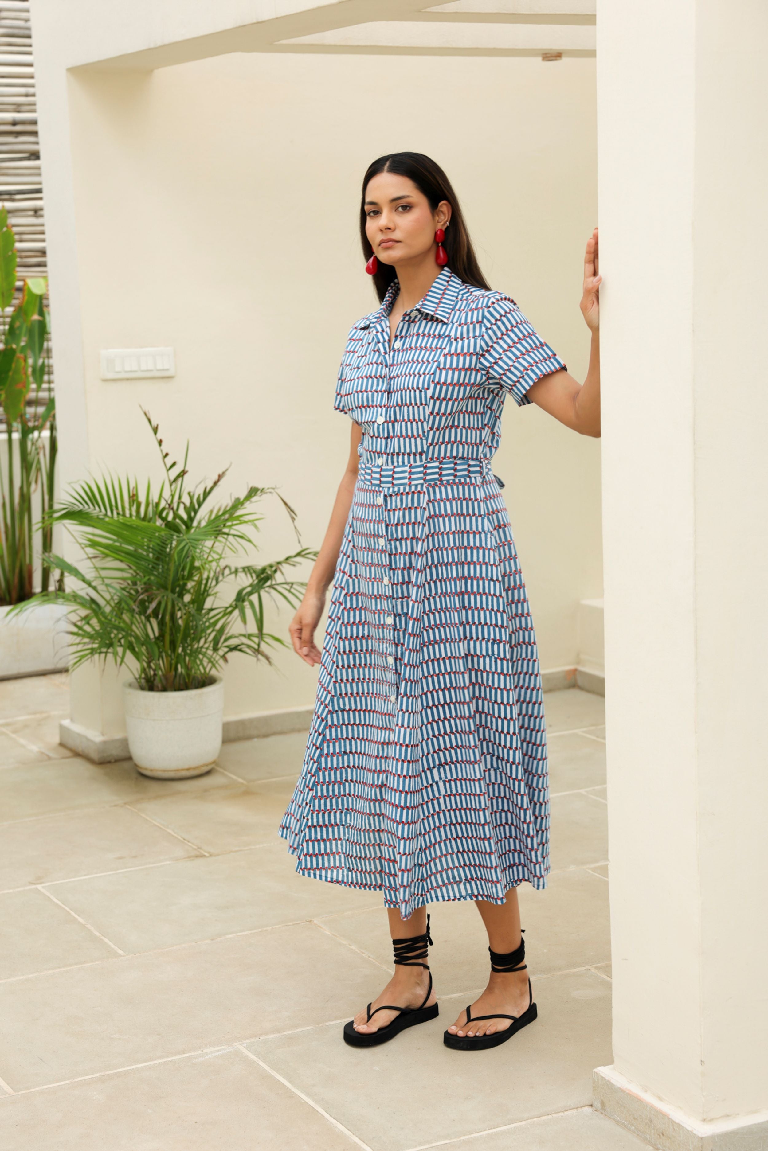 Midi Dress in Blue Geometric