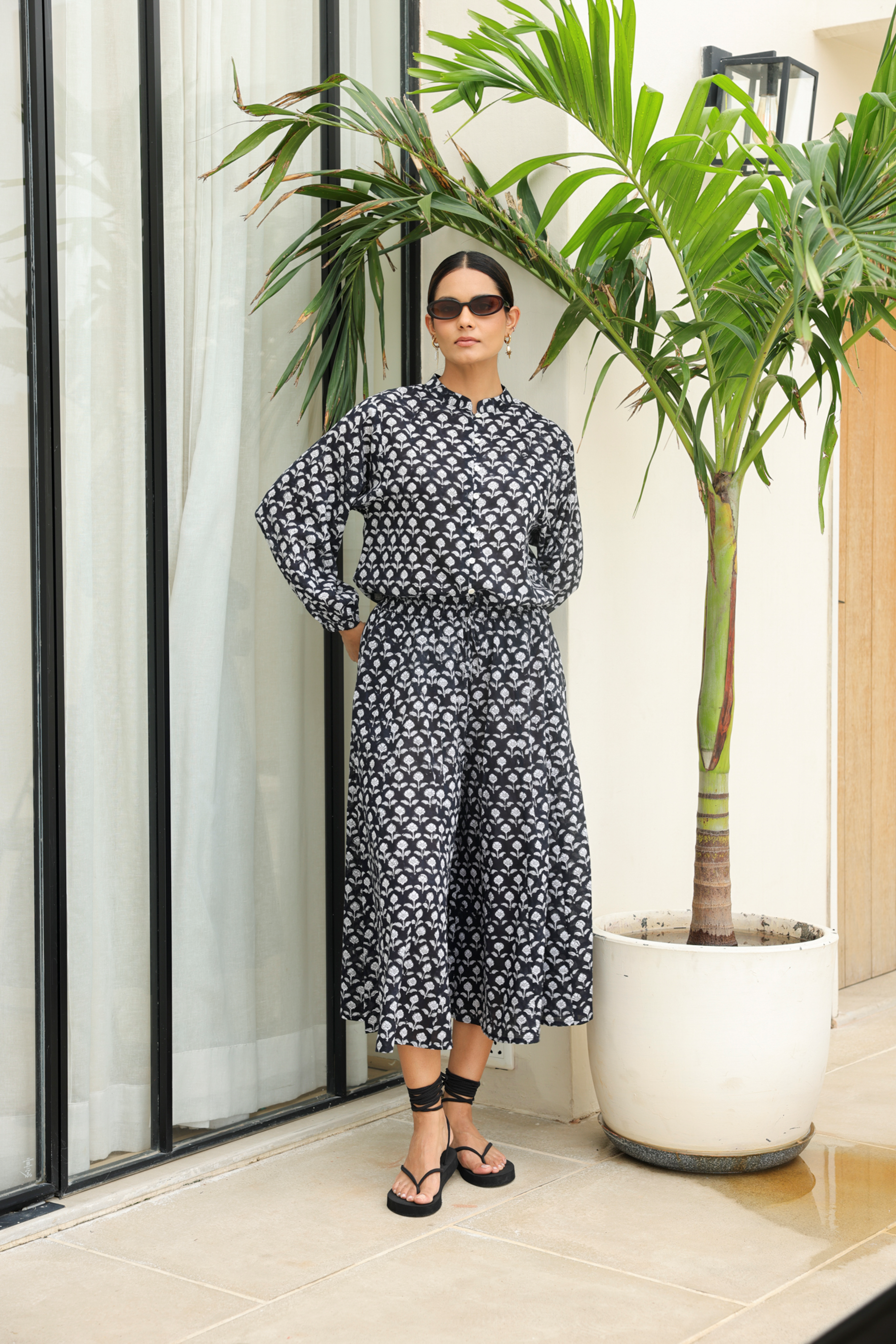 Button Front Blouse in Black White