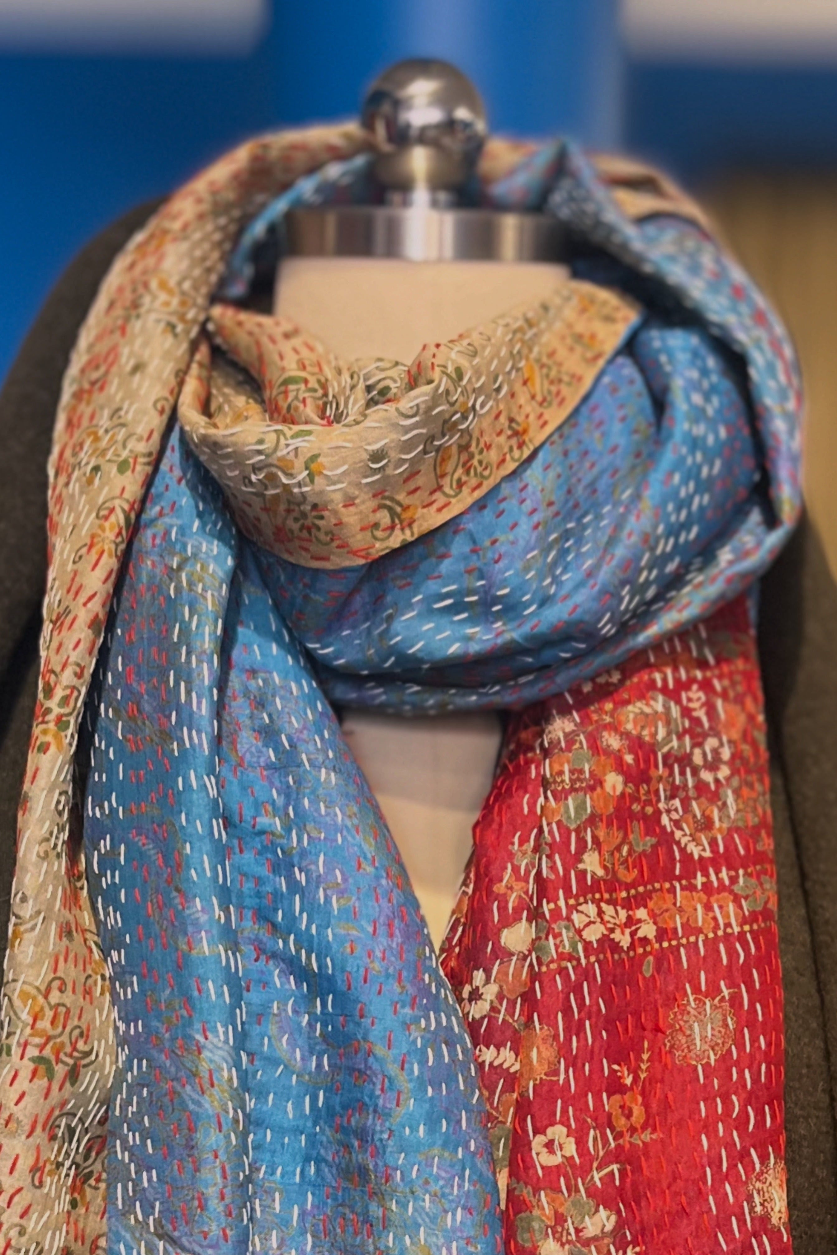 Silk/Silk Blend Scarf in Blue Red Beige
