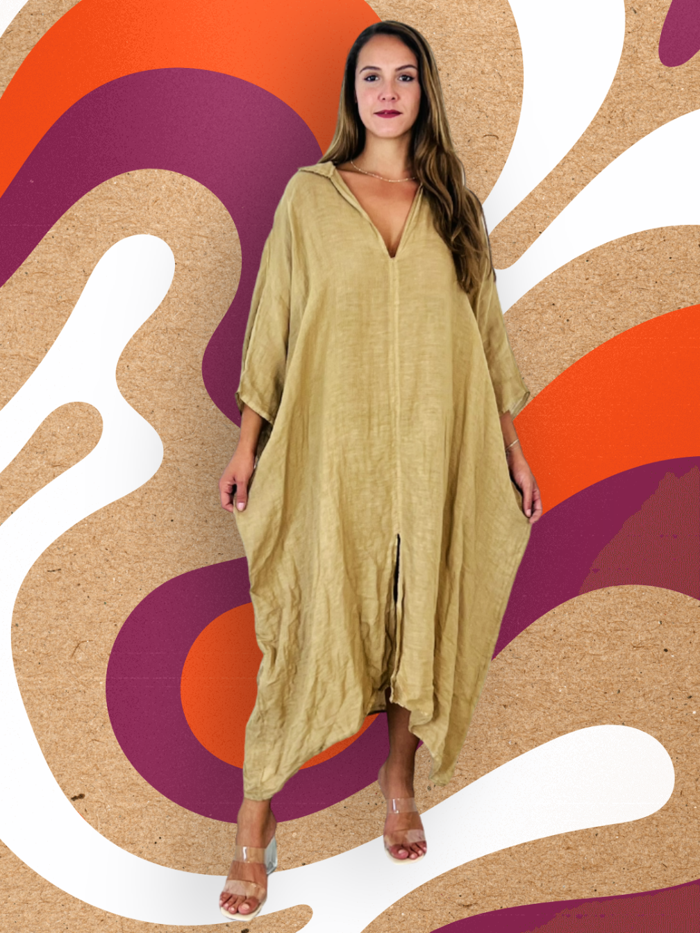 Ref-9036 Plain 100% Linen Kaftan: Pistacho