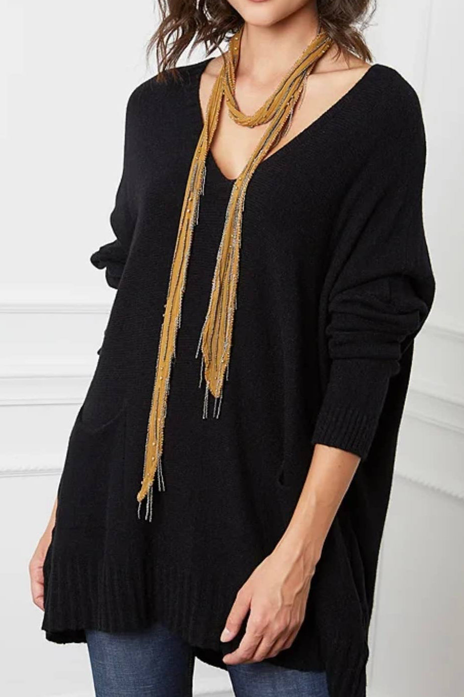 V-Neck Long Sweater in Black