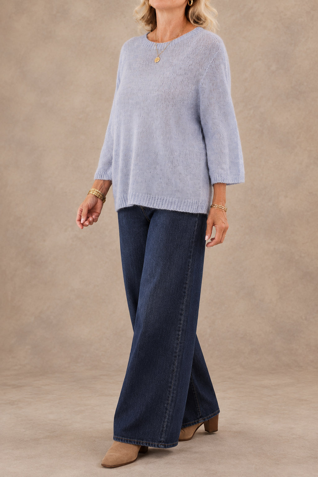 Alpaca Blend Round Neck Sweater in Ice Blue