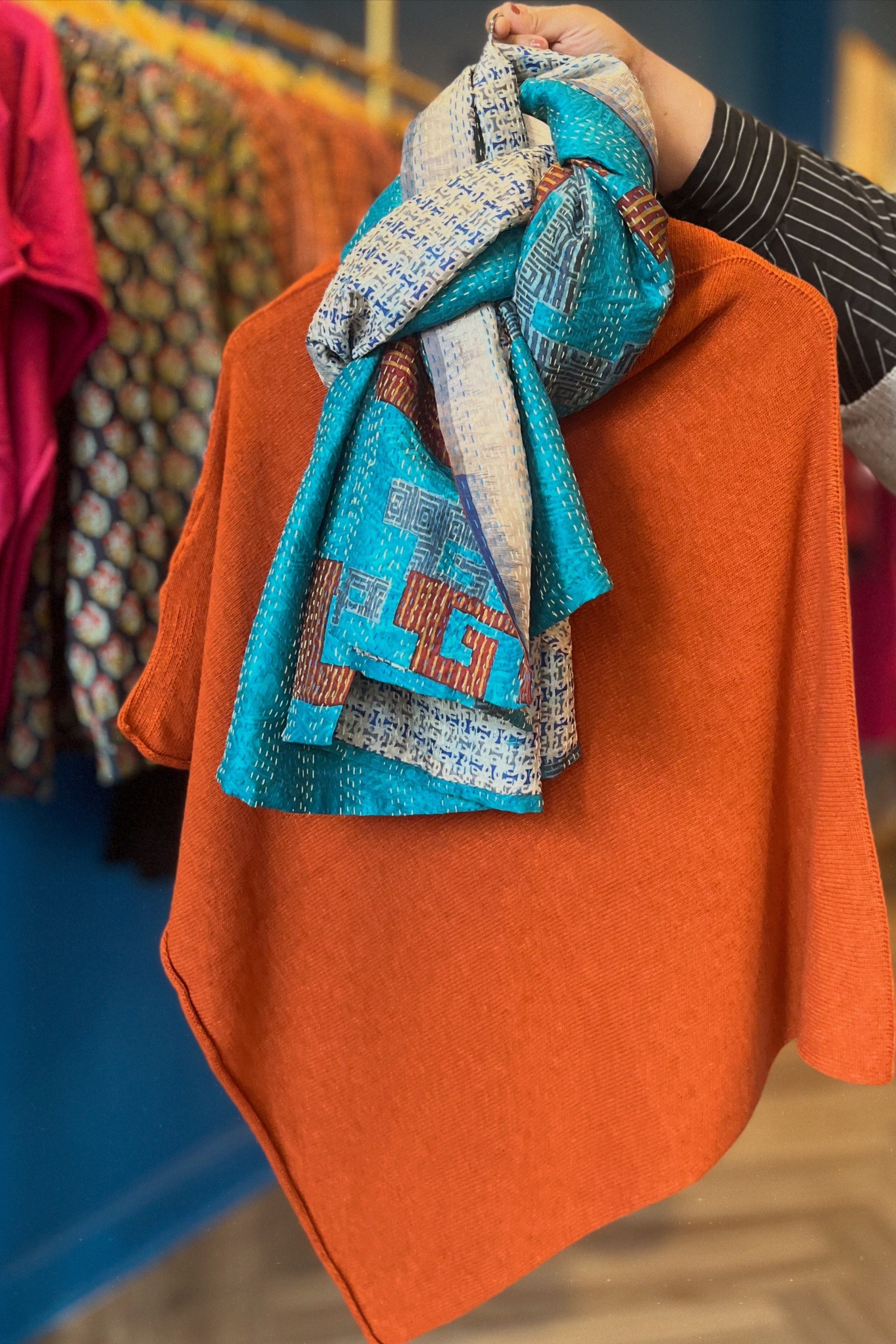Silk/Silk Blend Scarf in Peacock Blue Rust Grey
