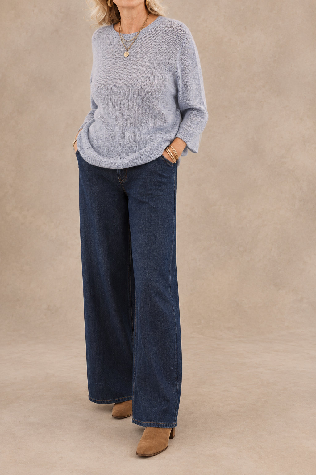 Alpaca Blend Round Neck Sweater in Ice Blue