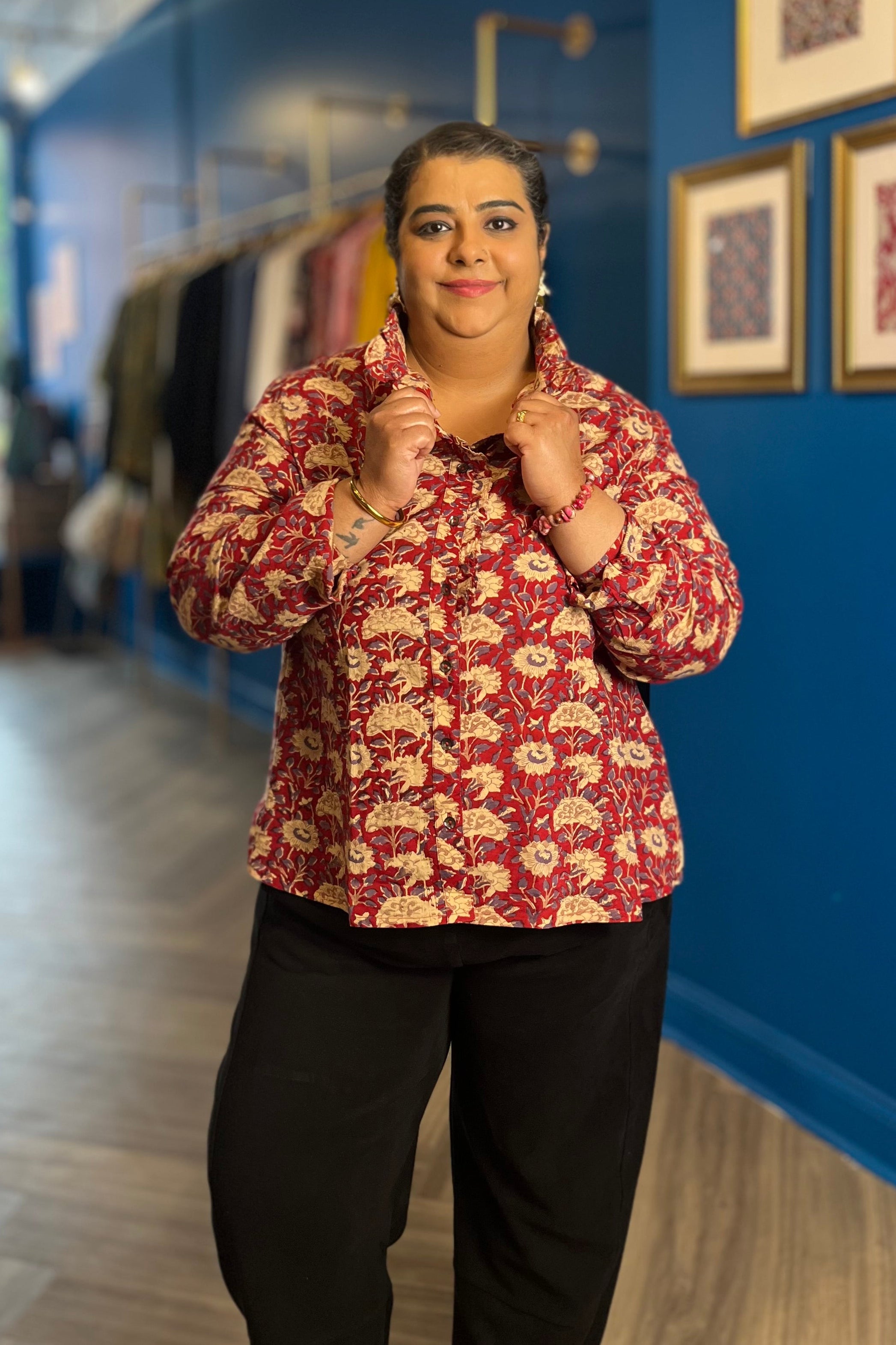 Floral Printed Cotton Blouse in Dk.Red