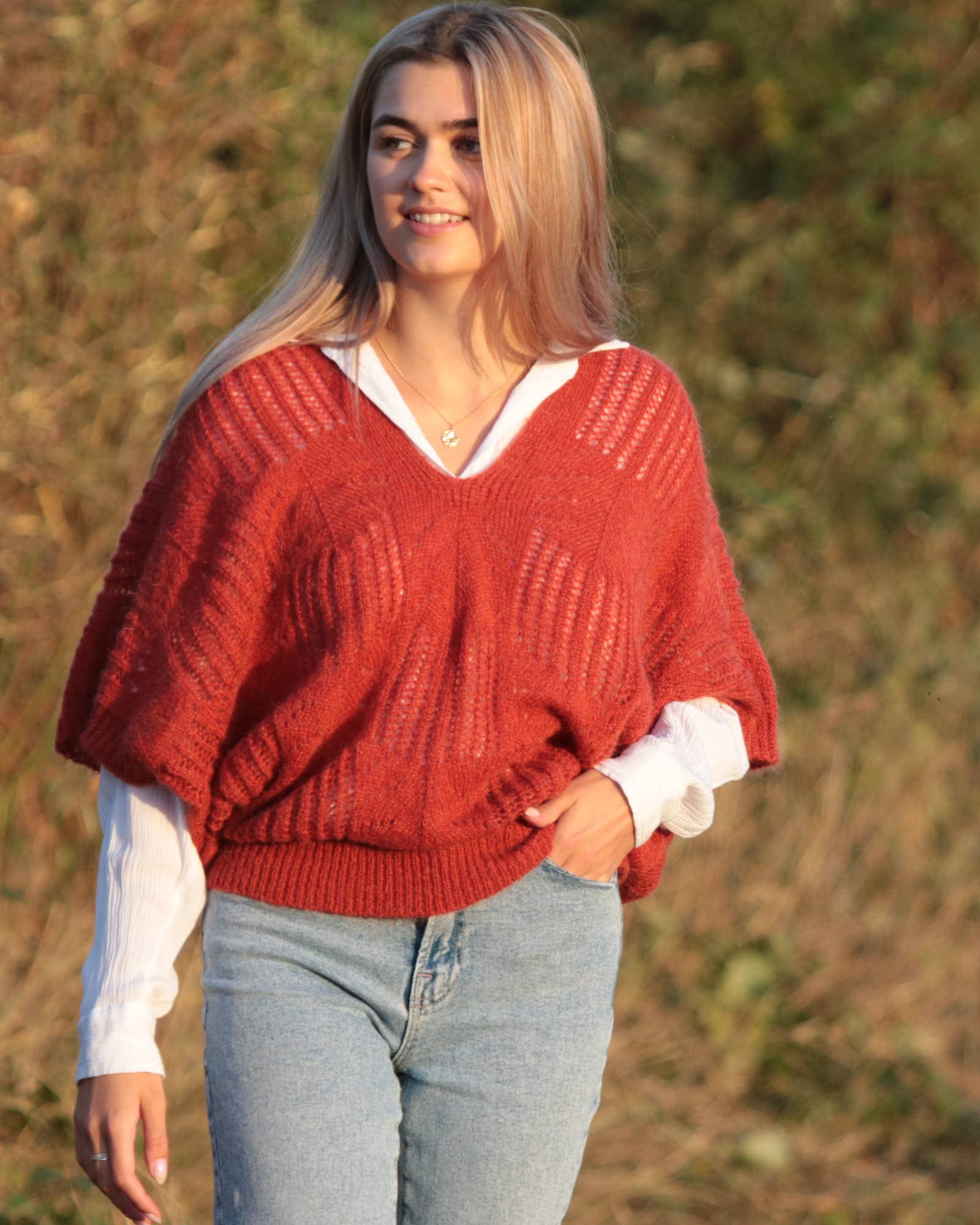 V Neck Mohair Blend Tunic: Autumn Red