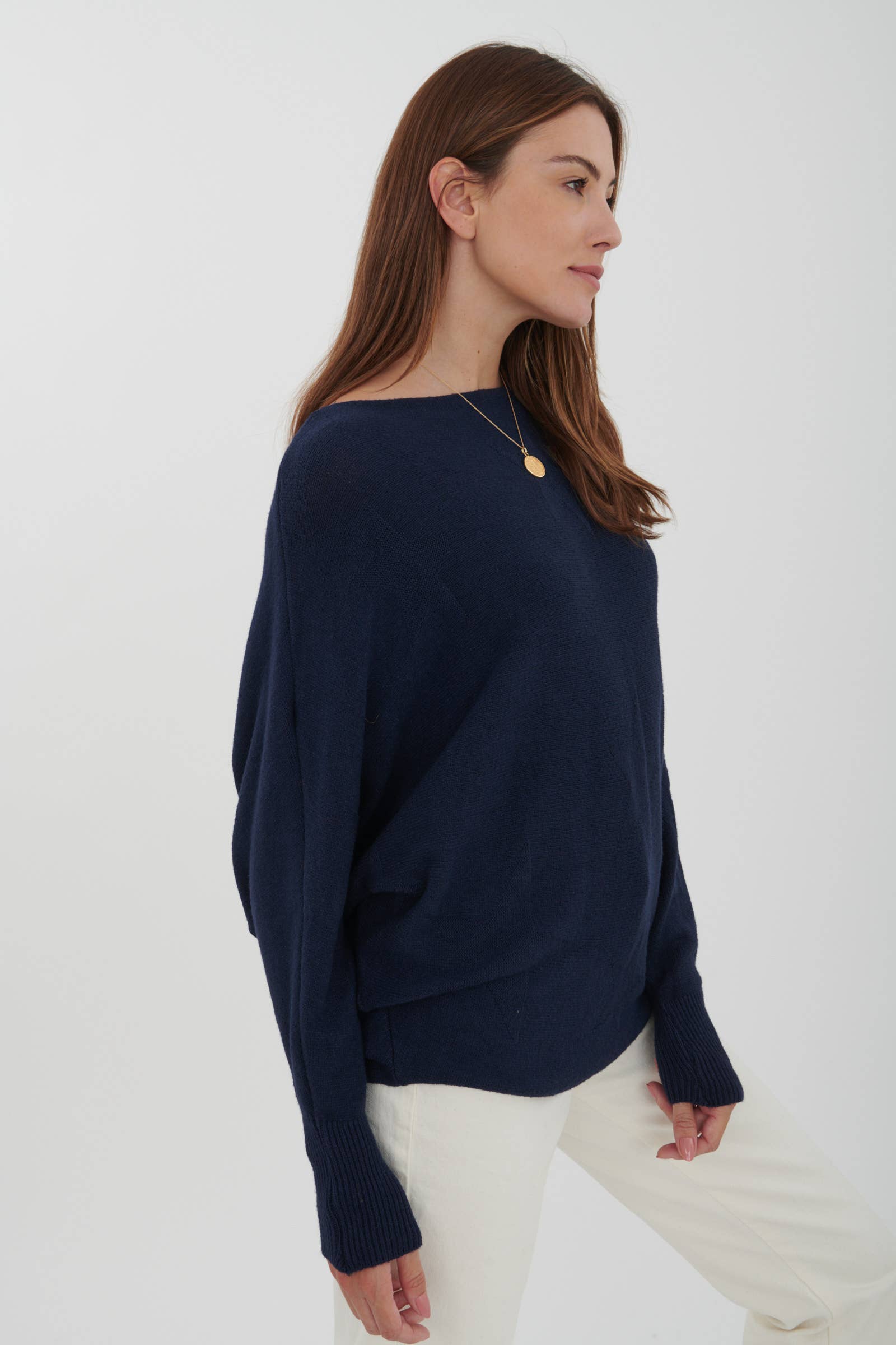 Cashmere Blend Navy Bat-Sleeve Sweater