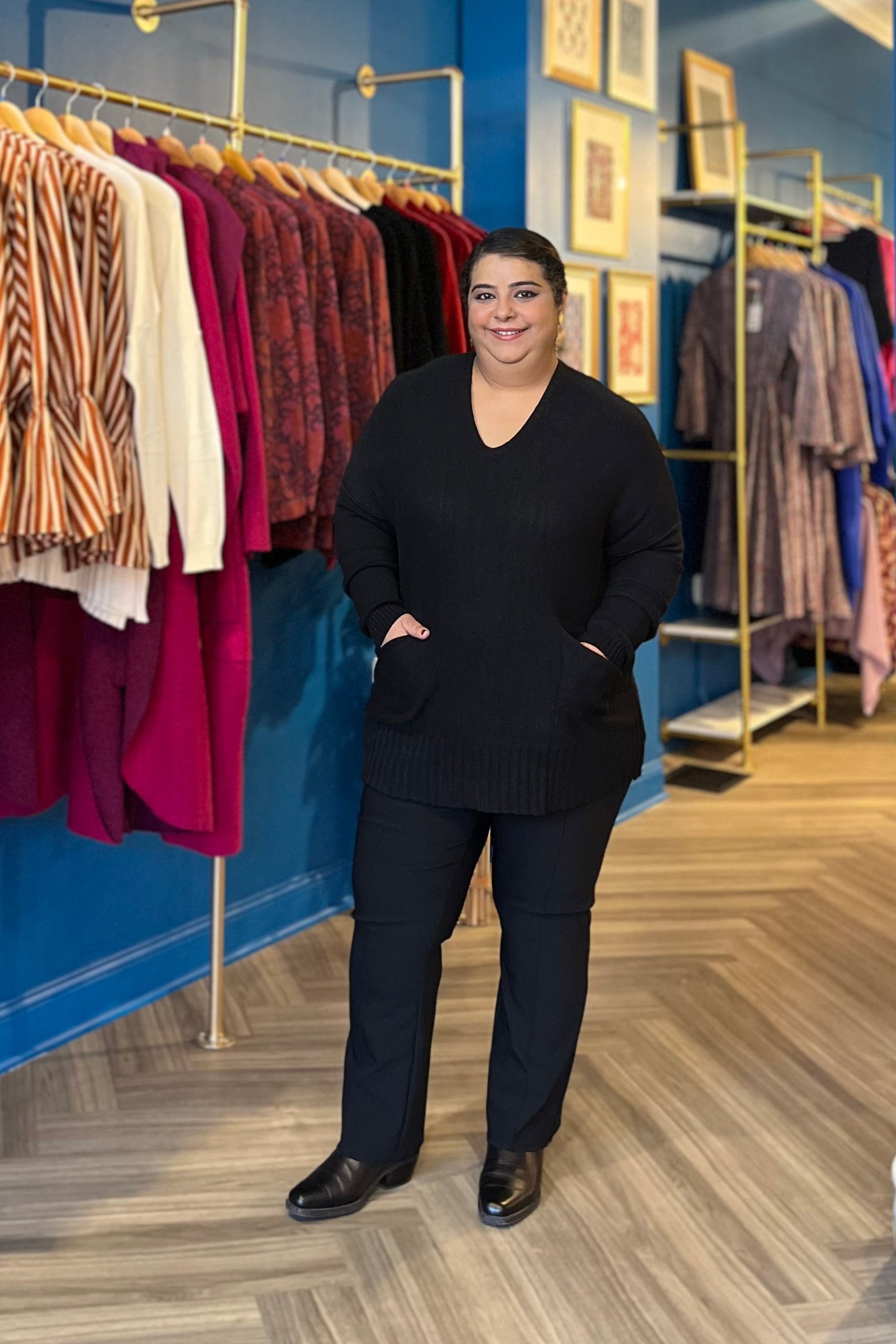 V-Neck Long Sweater in Black