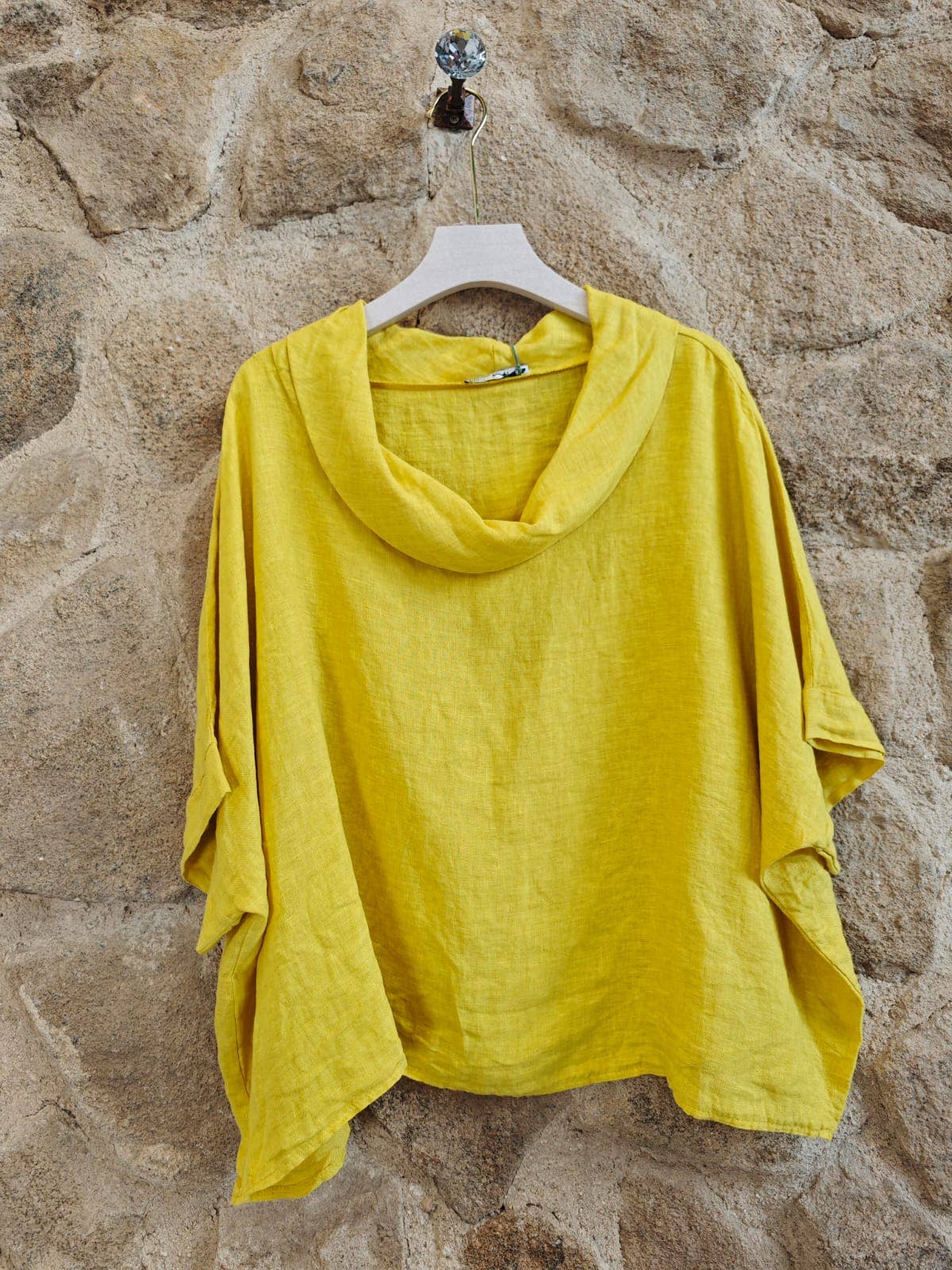 Ref-12238 100% LINEN SHORT-SLEEVE BOAT-NECK BLOUSE: Yellow
