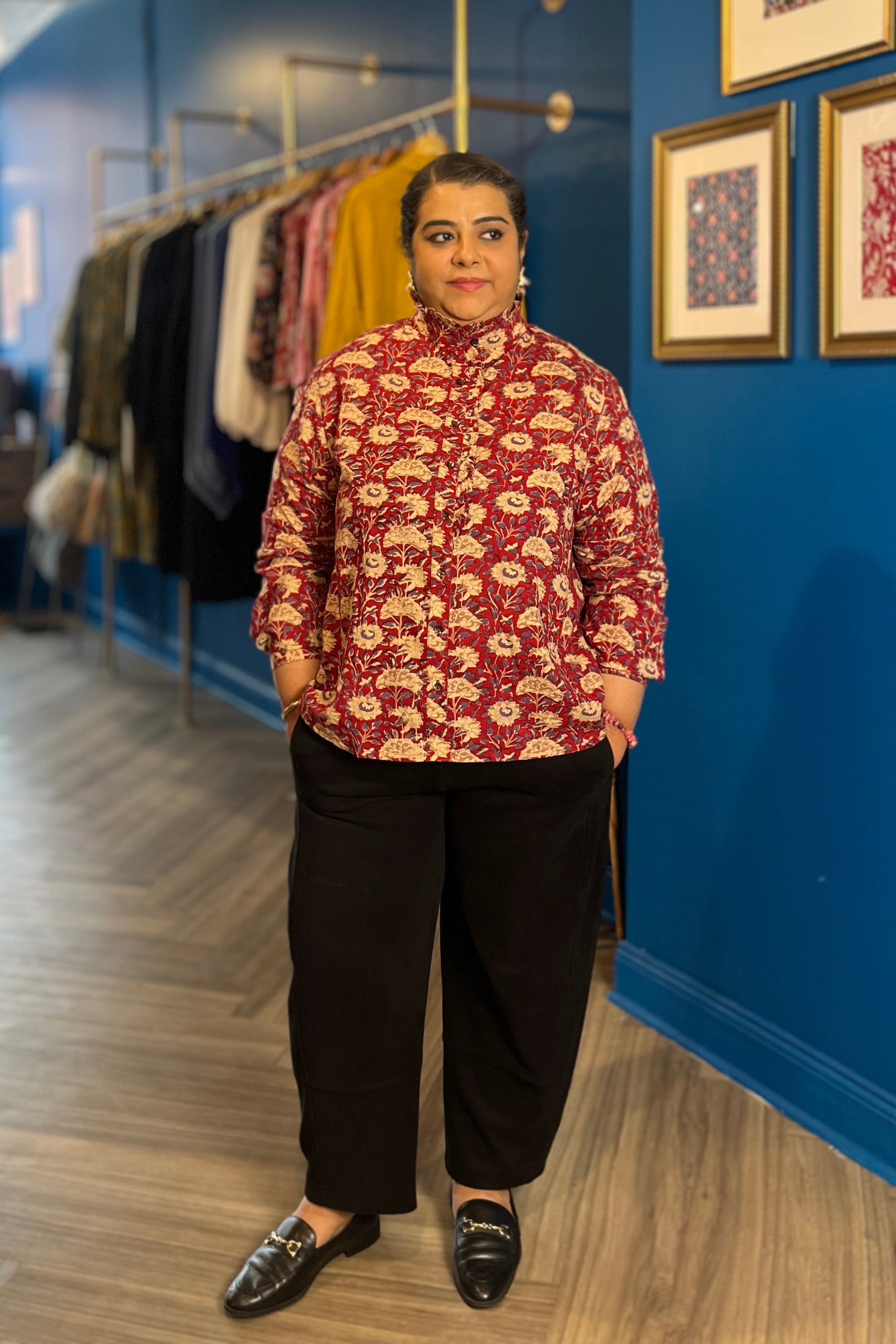 Floral Printed Cotton Blouse in Dk.Red