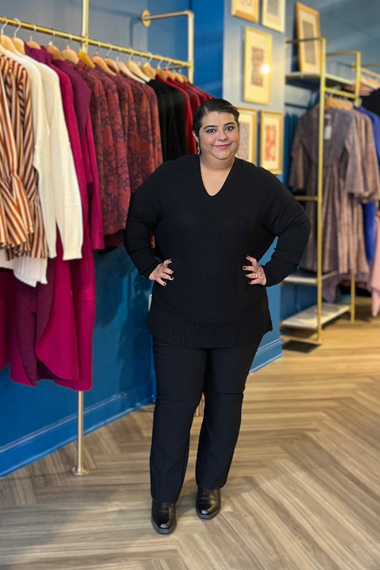 V-Neck Long Sweater in Black