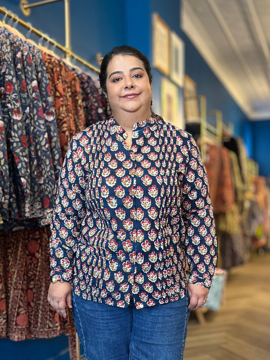Blouse with Tucks ~ Navy Blue Red
