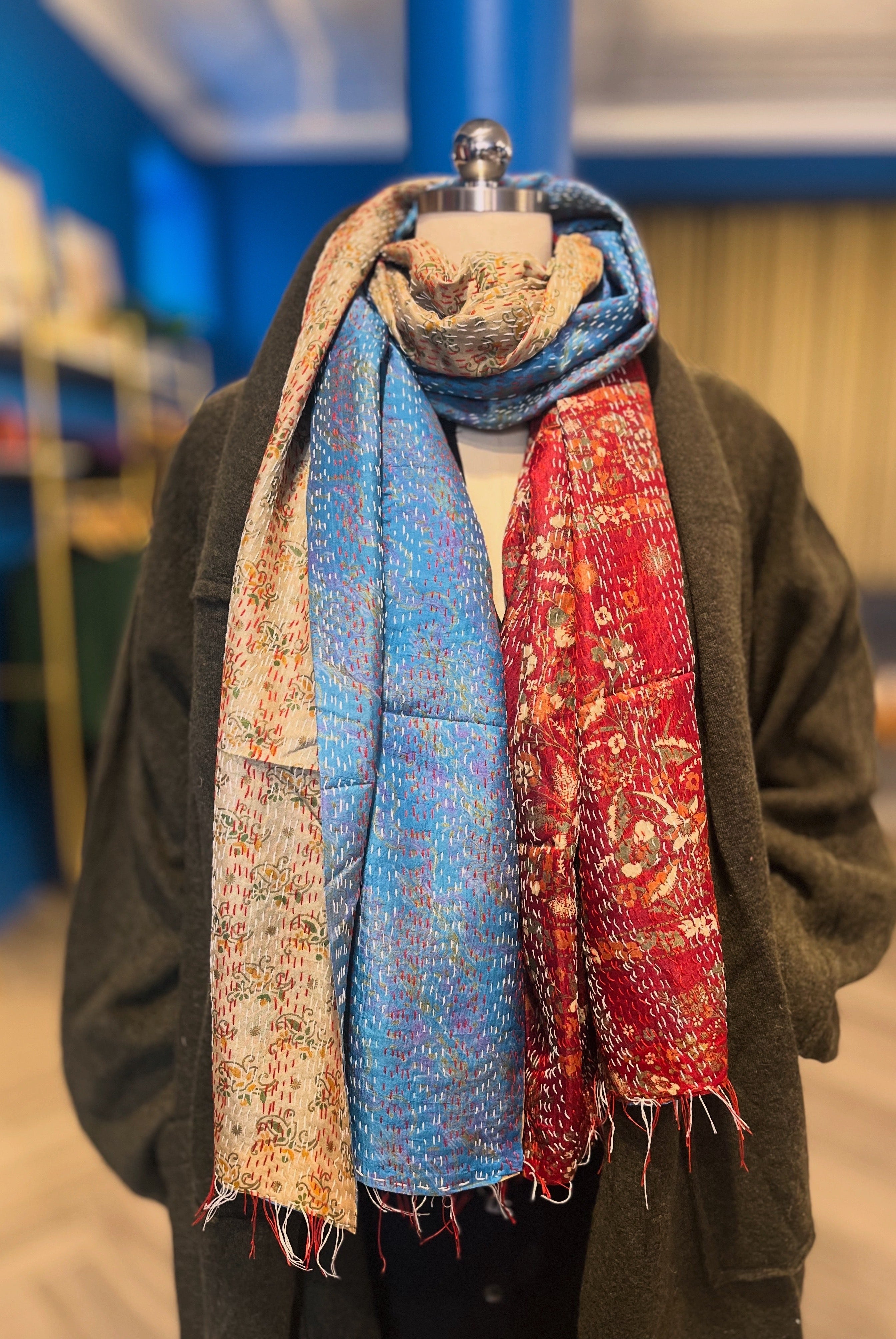 Silk/Silk Blend Scarf in Blue Red Beige