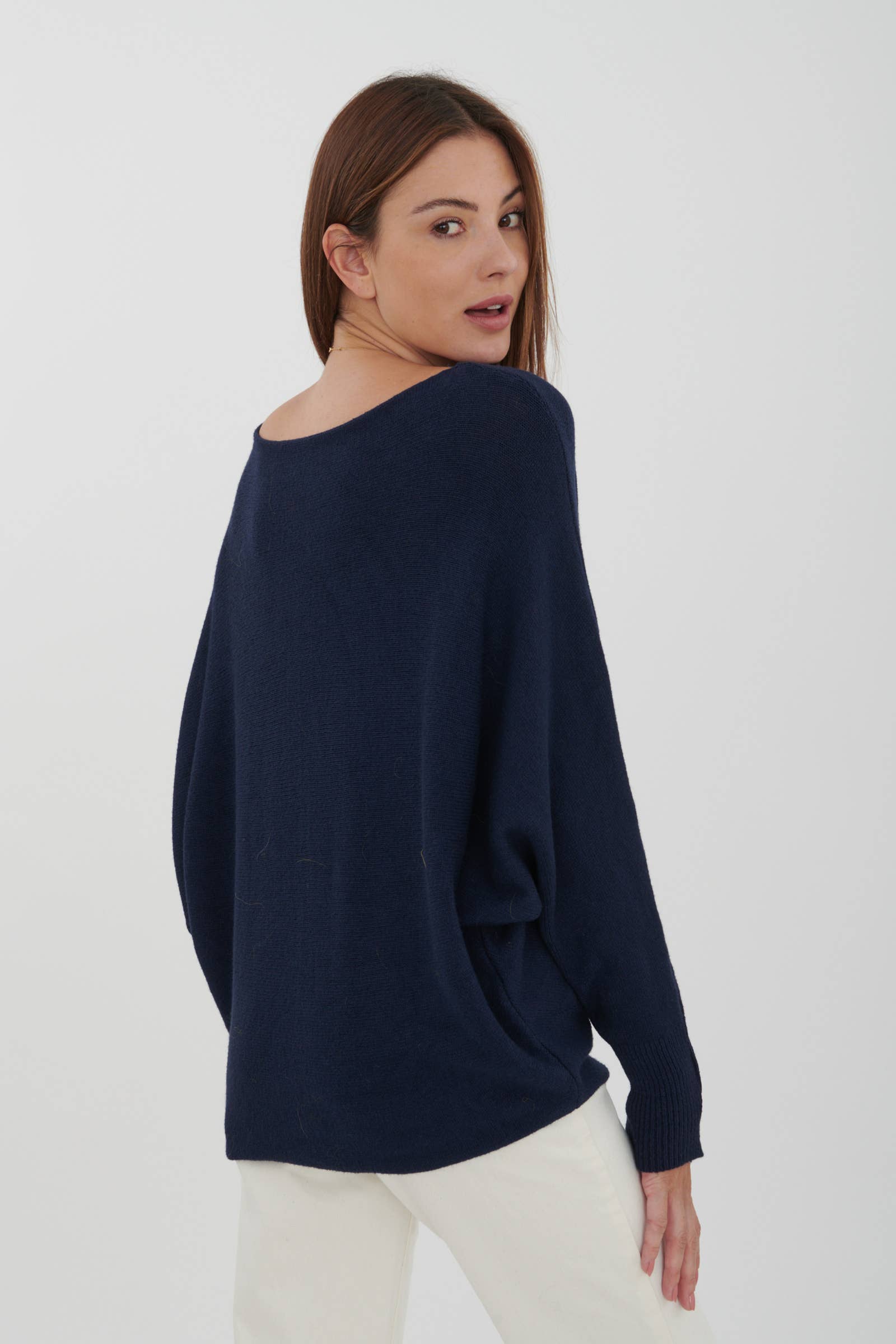 Cashmere Blend Navy Bat-Sleeve Sweater