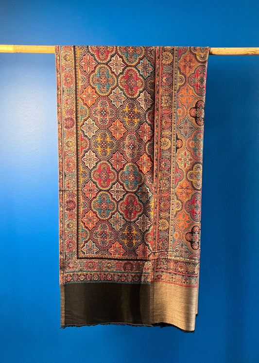 Wool Tencel Wide Scarf in Black- Pattern 1