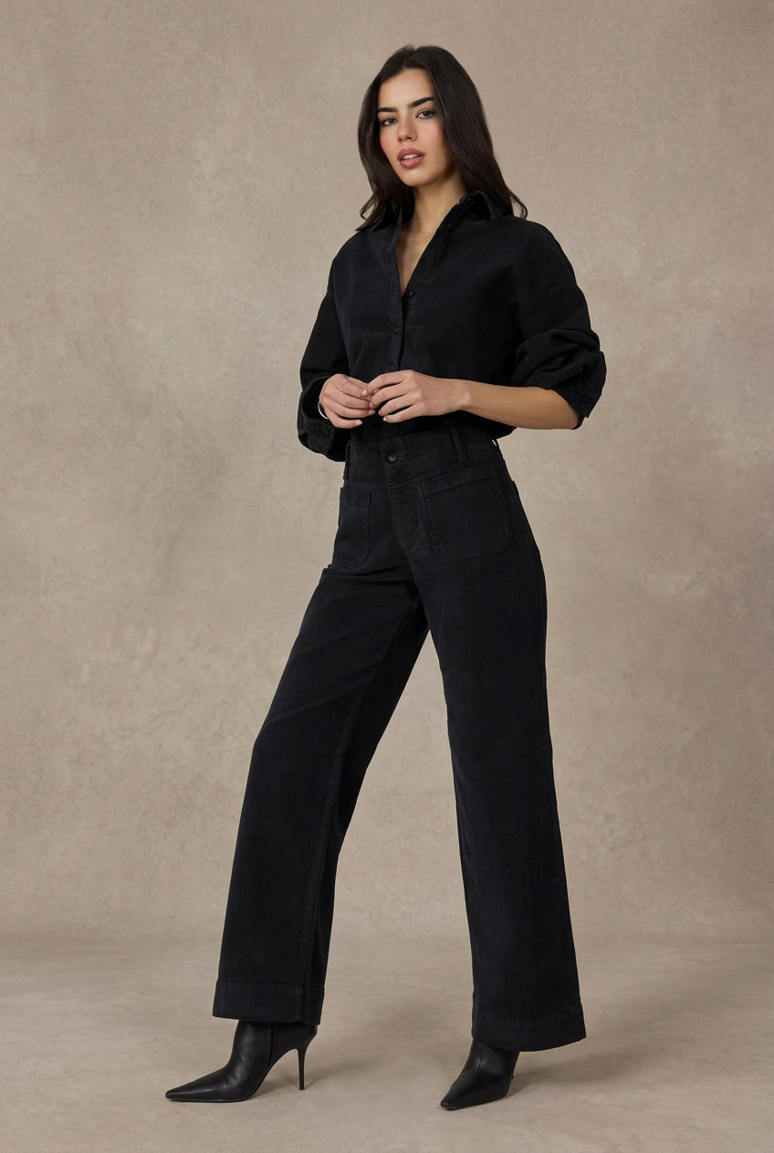High Rise Wide Leg Corduroy Pants in Black