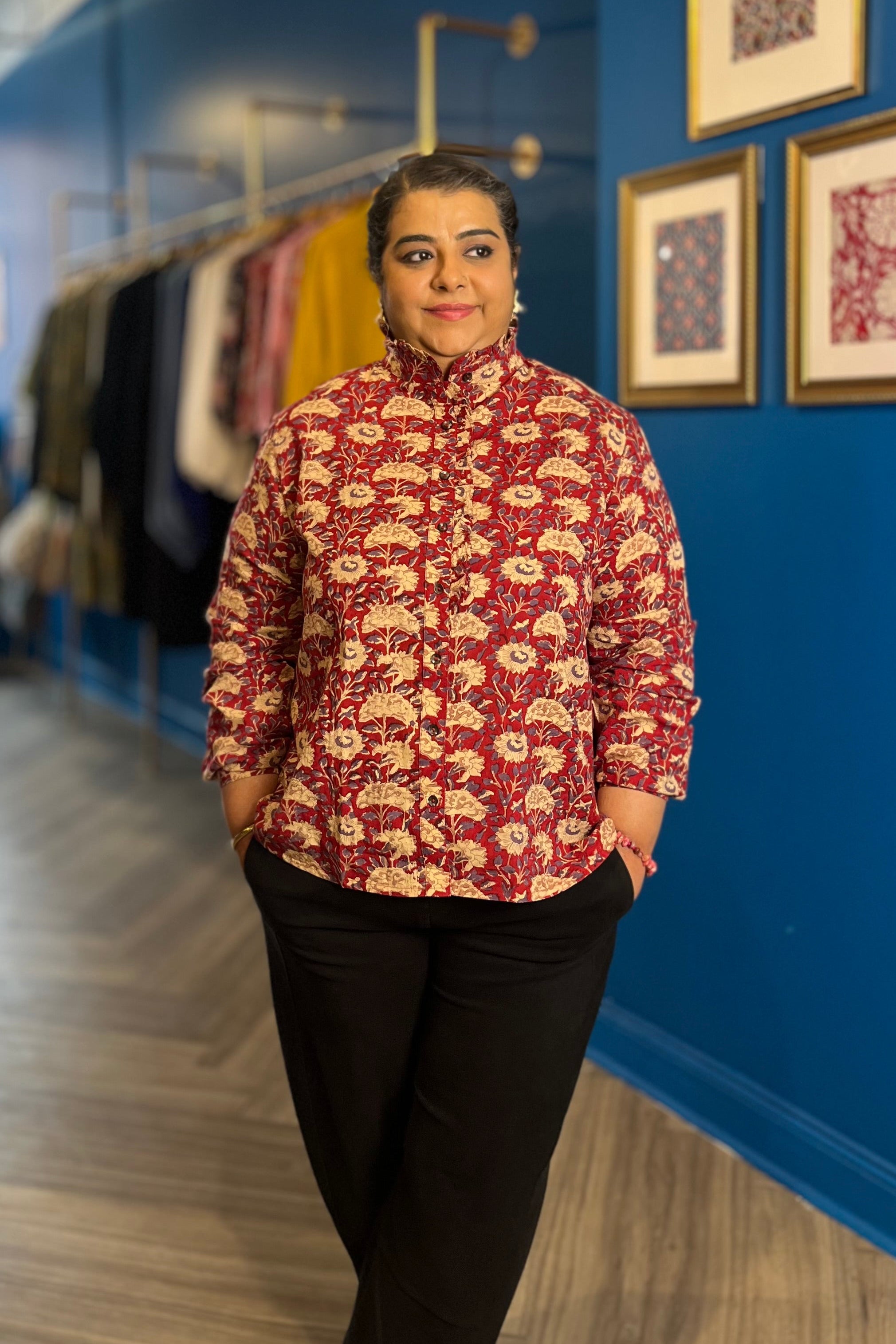Floral Printed Cotton Blouse in Dk.Red