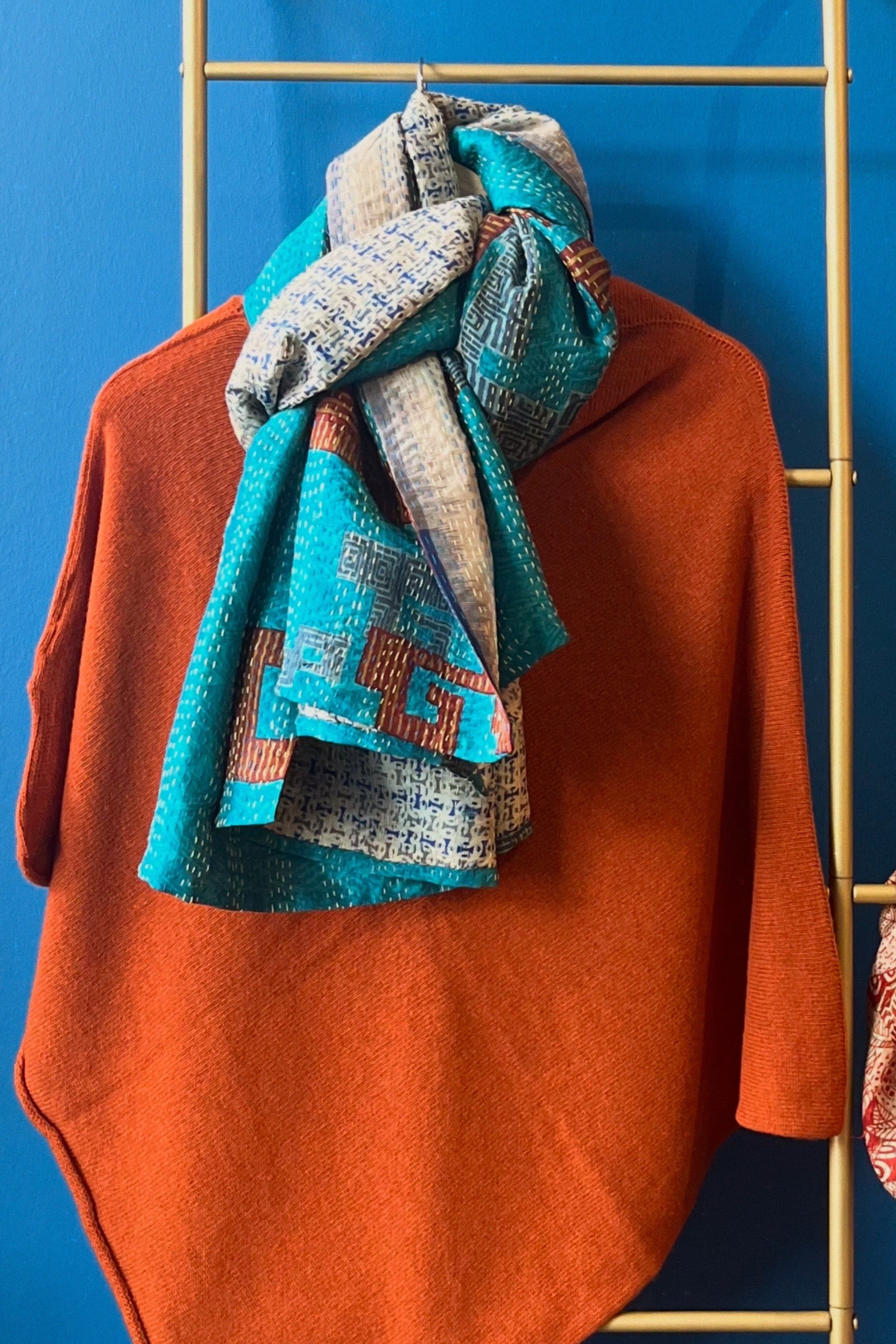 Silk/Silk Blend Scarf in Peacock Blue Rust Grey