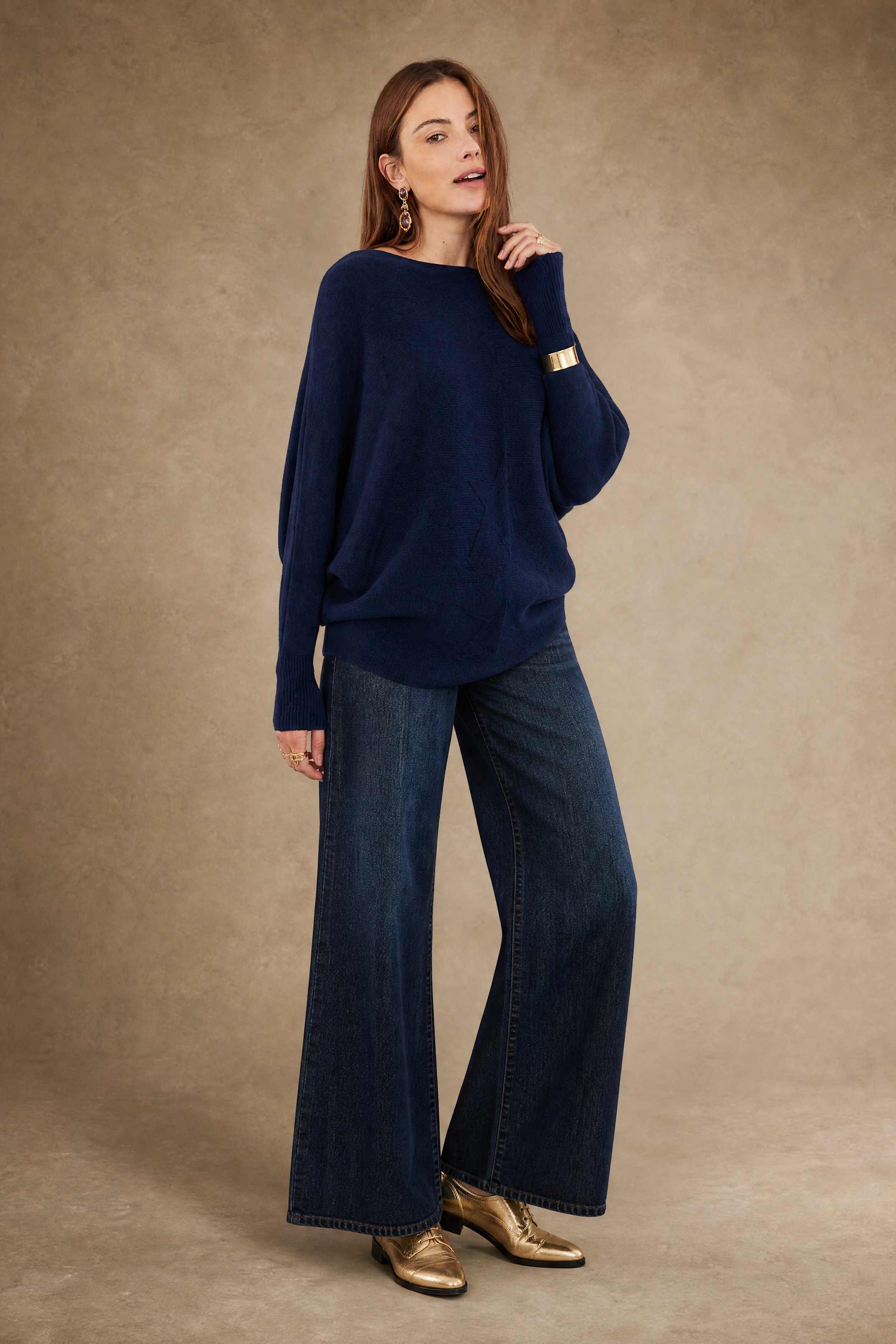 Cashmere Blend Navy Bat-Sleeve Sweater
