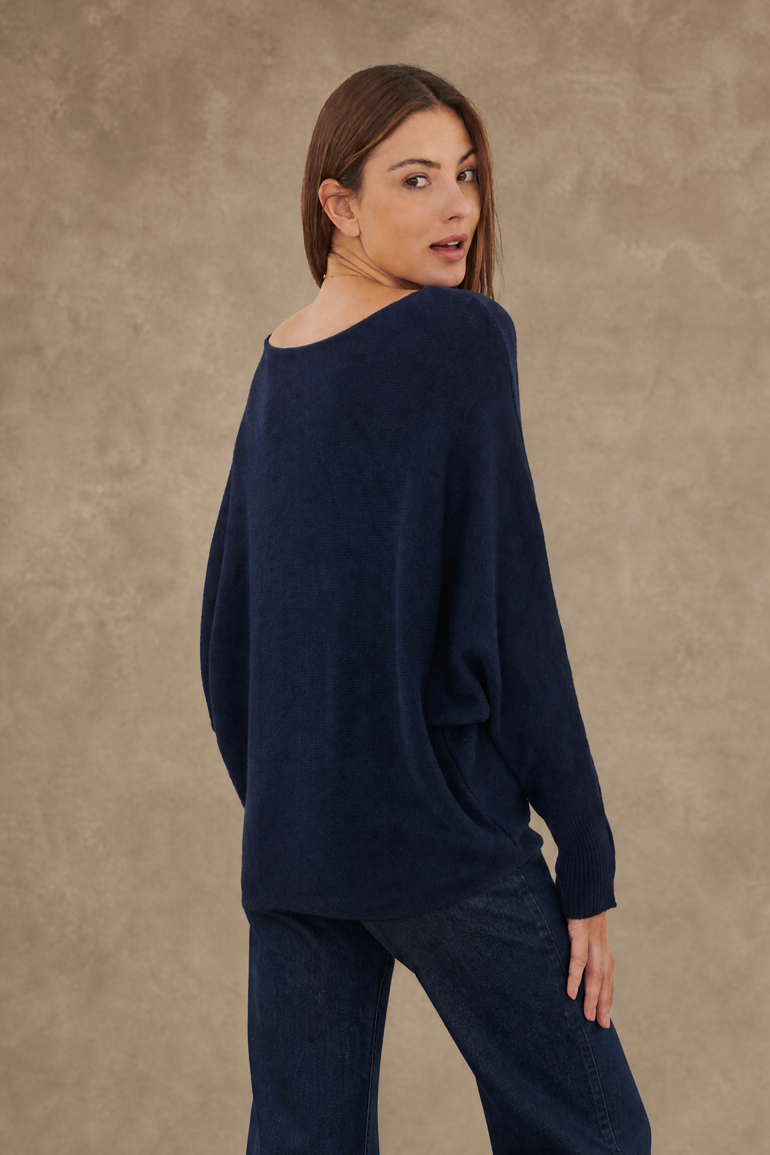 Cashmere Blend Navy Bat-Sleeve Sweater