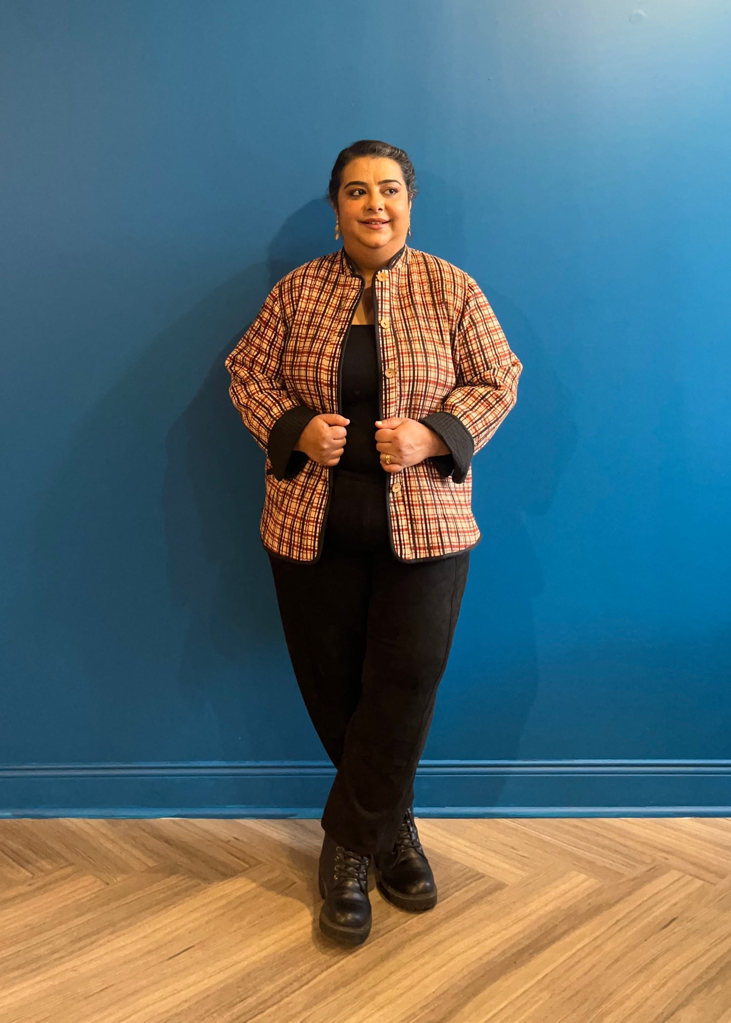 Quilted Jacket - Cream Red Black Check