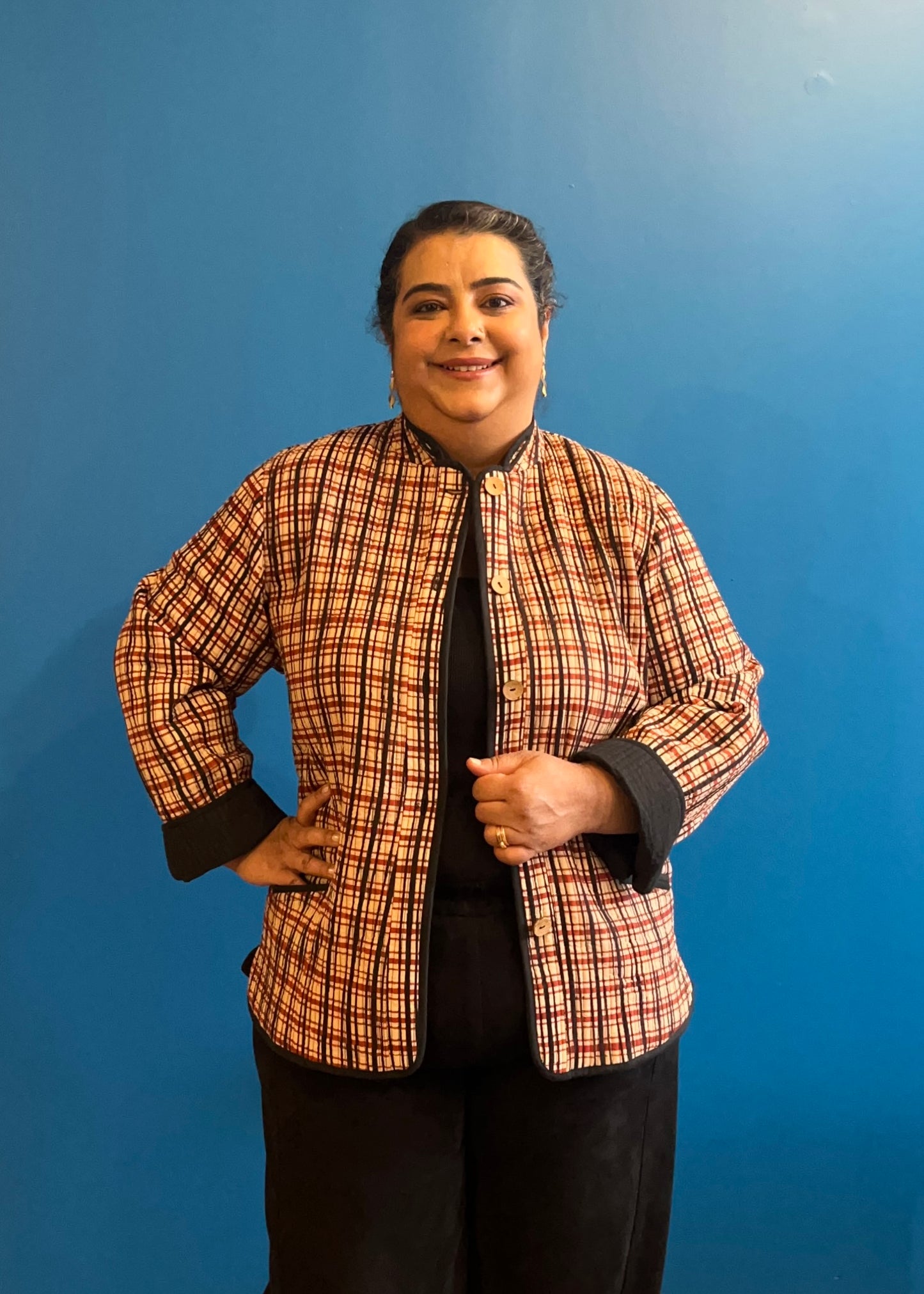 Quilted Jacket - Cream Red Black Check