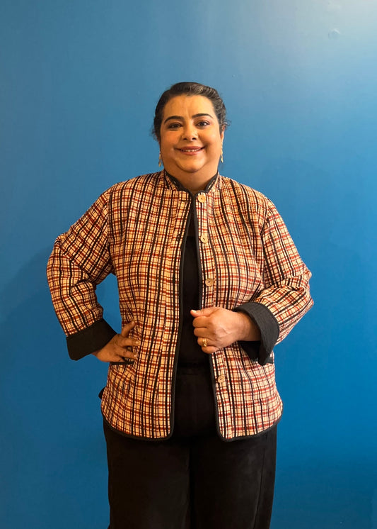 Quilted Jacket - Cream Red Black Check