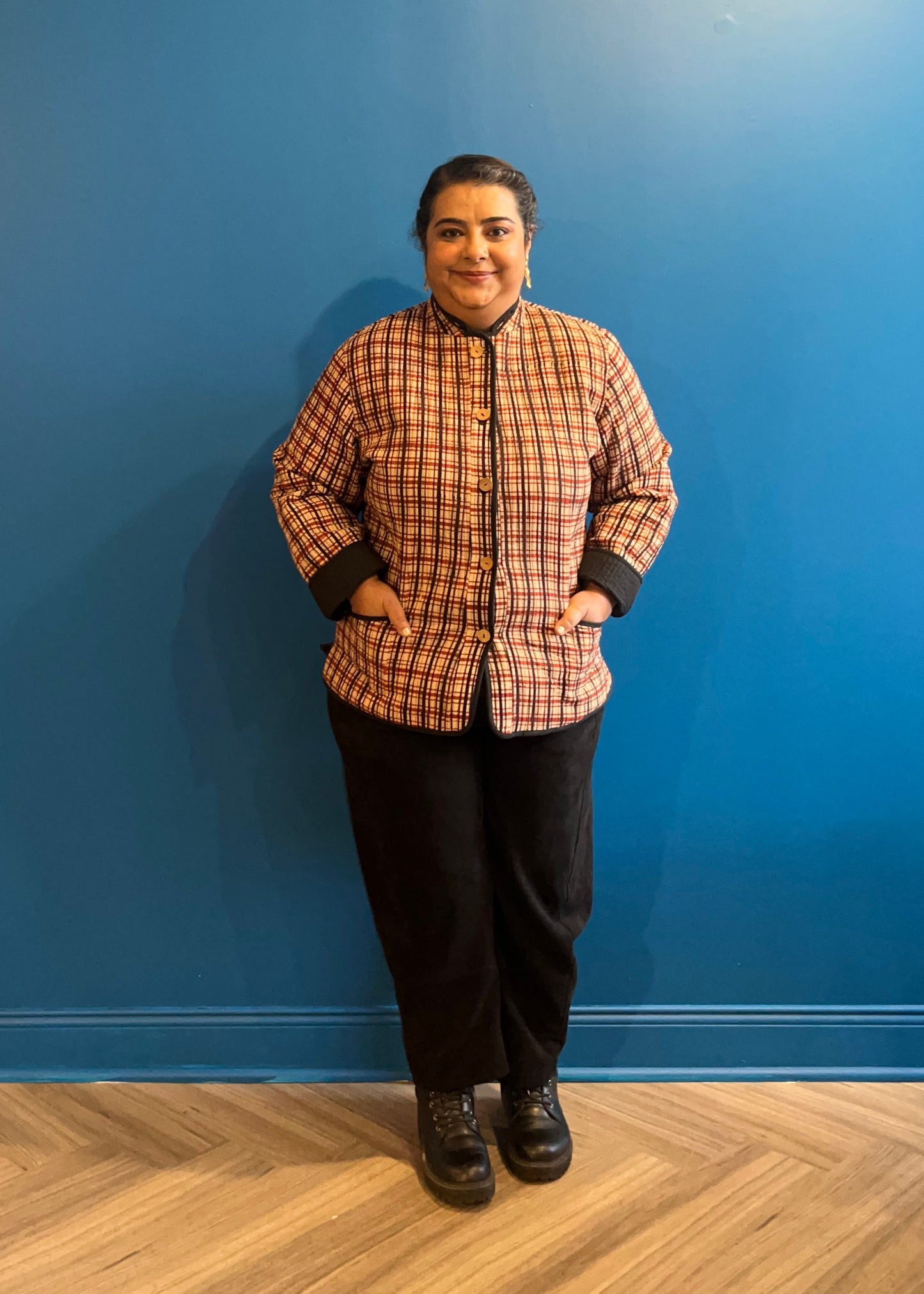 Quilted Jacket - Cream Red Black Check