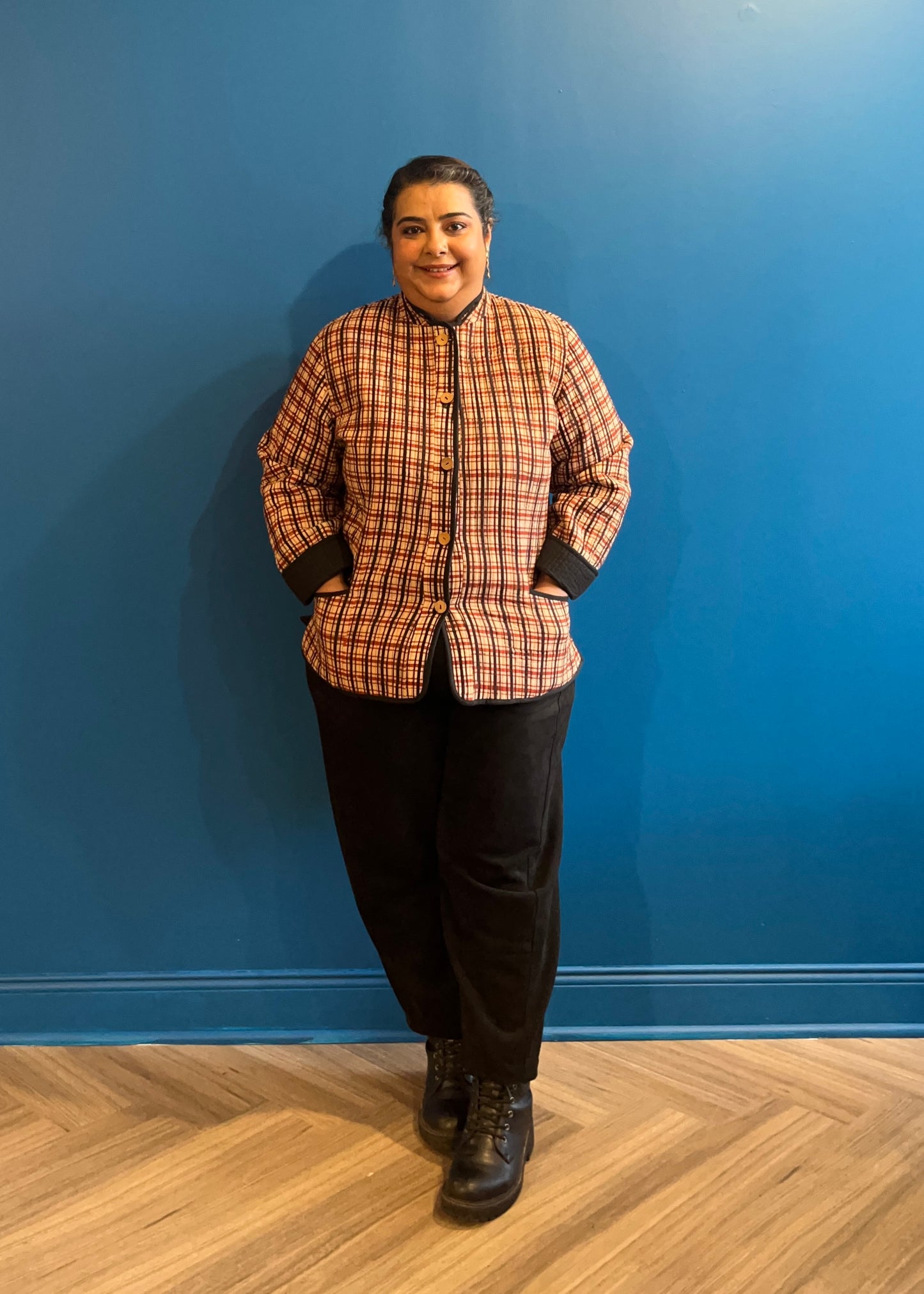 Quilted Jacket - Cream Red Black Check