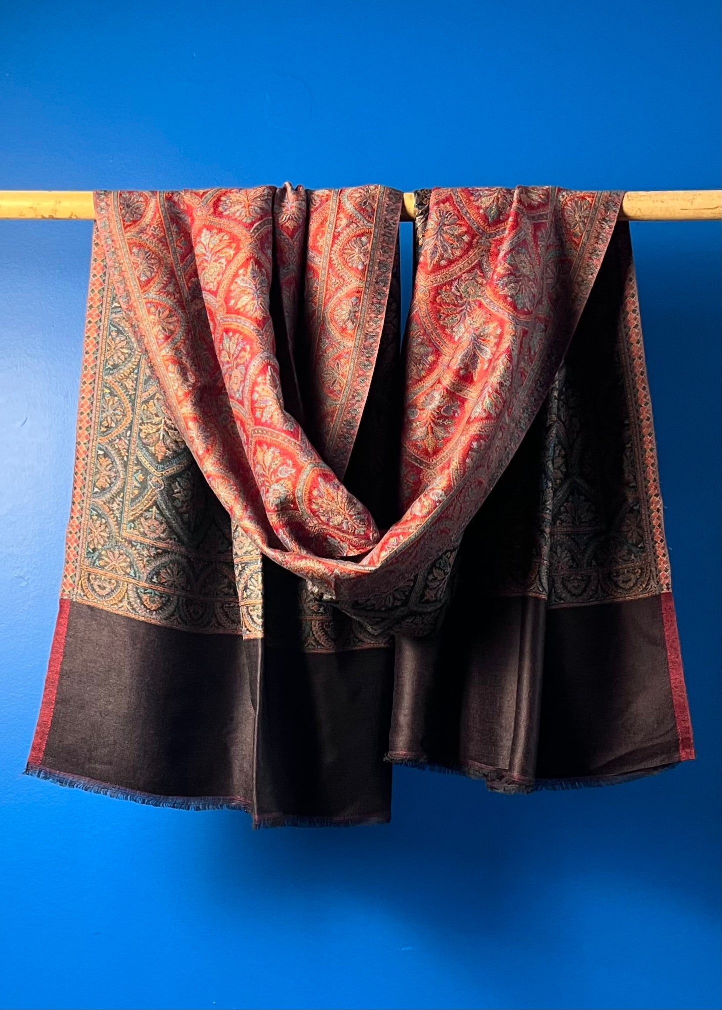 Wool Tencel Wide Scarf in Red Black- Pattern 2