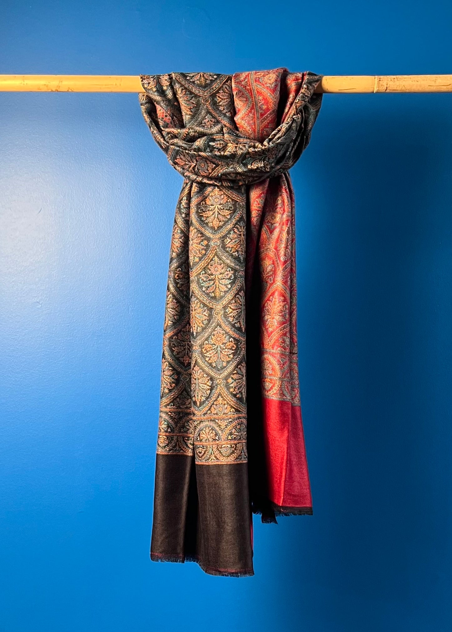 Wool Tencel Wide Scarf in Red Black- Pattern 2