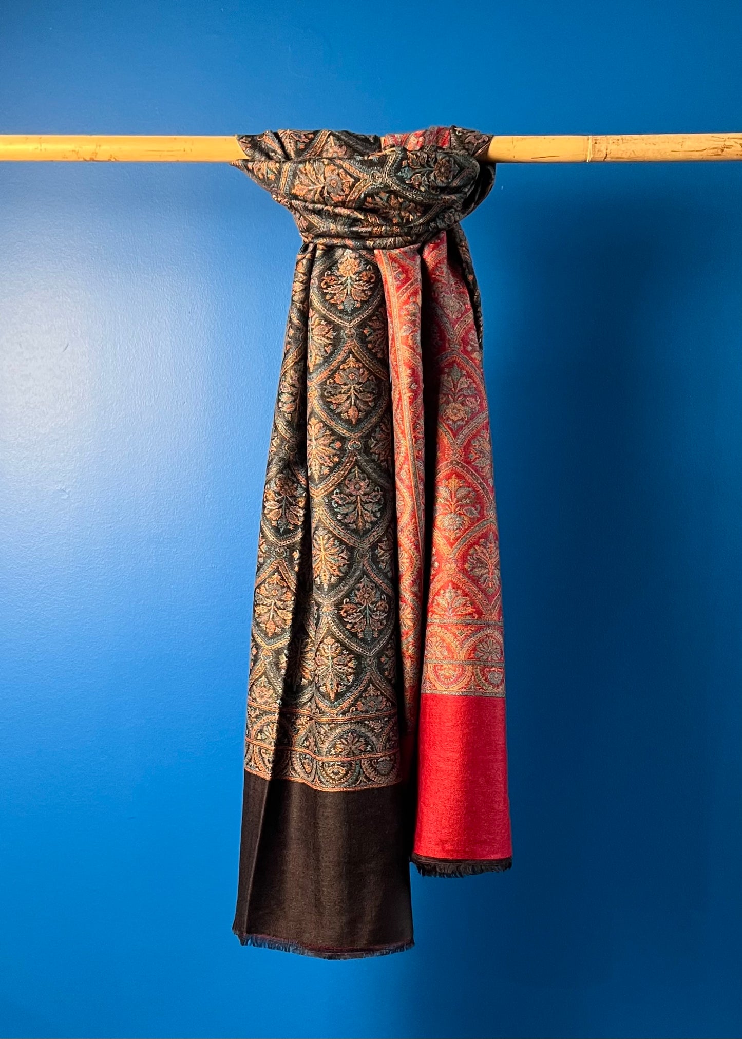 Wool Tencel Wide Scarf in Red Black- Pattern 2