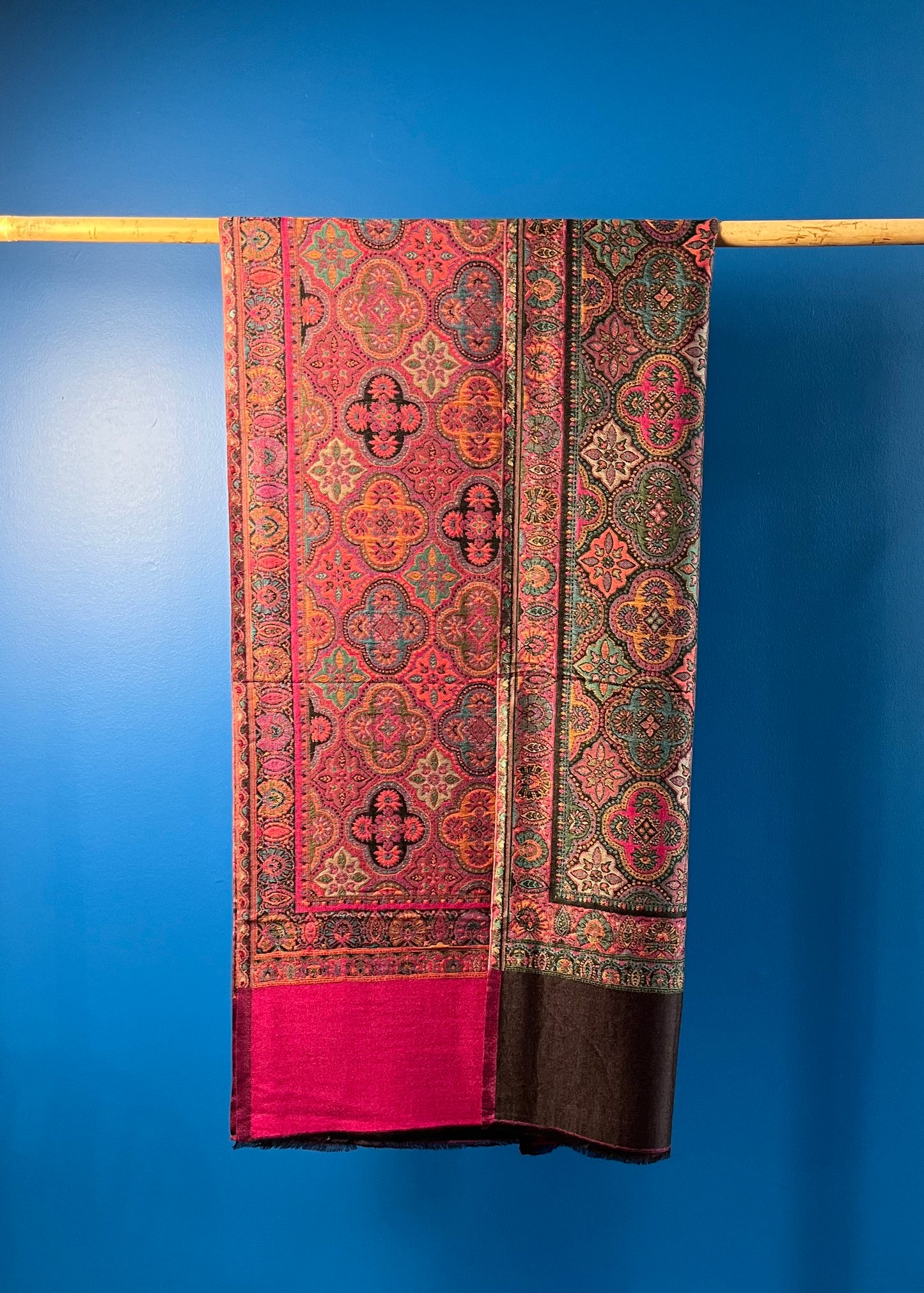 Wool Tencel Wide Scarf in Black Magenta