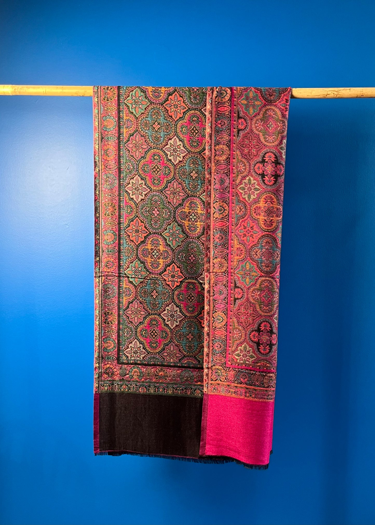 Wool Tencel Wide Scarf in Black Magenta