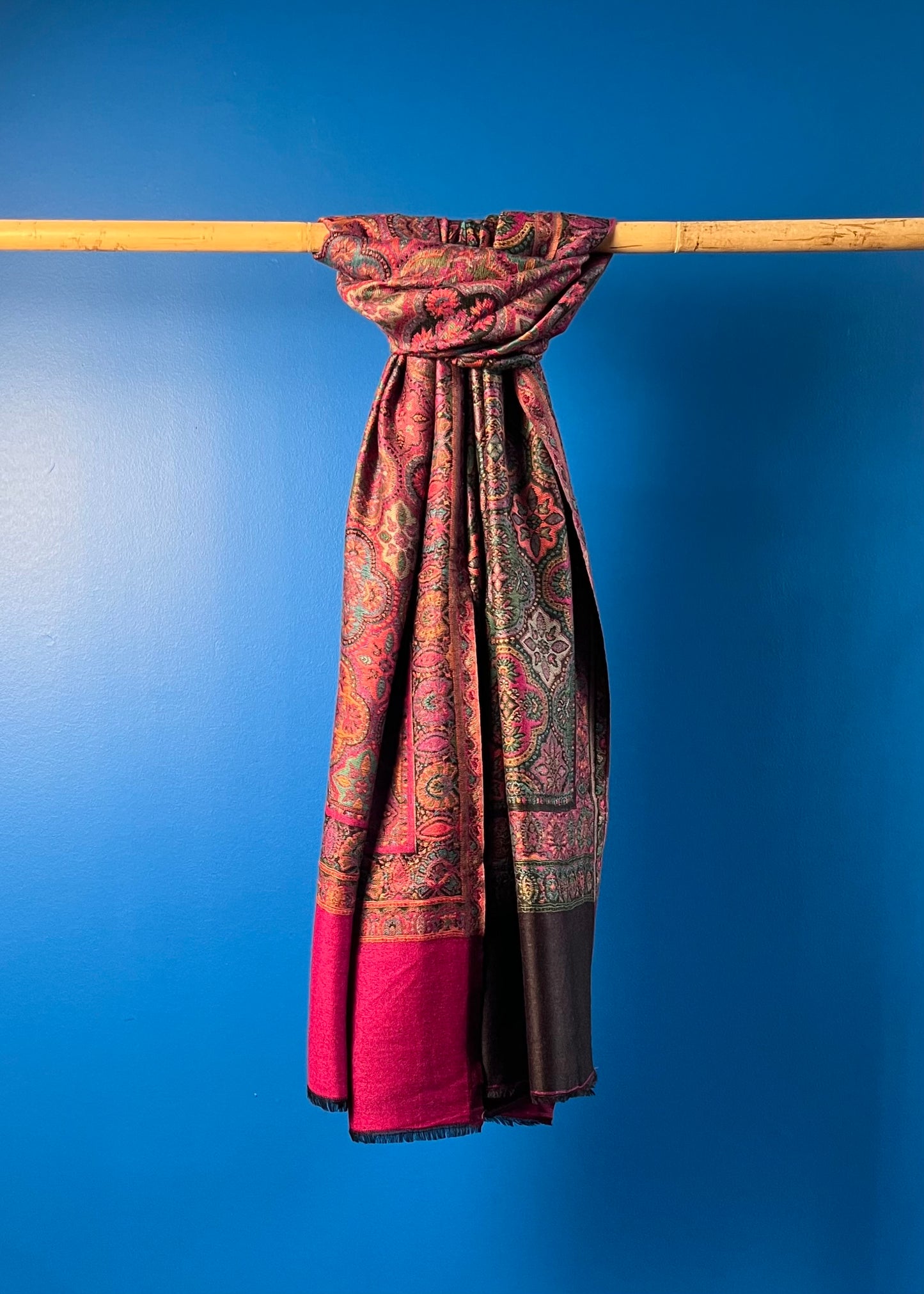 Wool Tencel Wide Scarf in Black Magenta