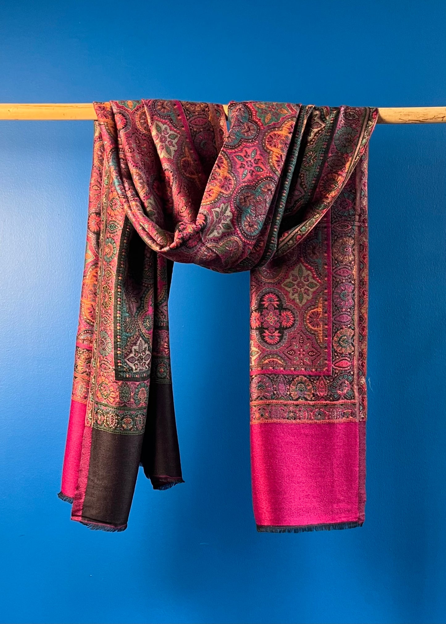 Wool Tencel Wide Scarf in Black Magenta