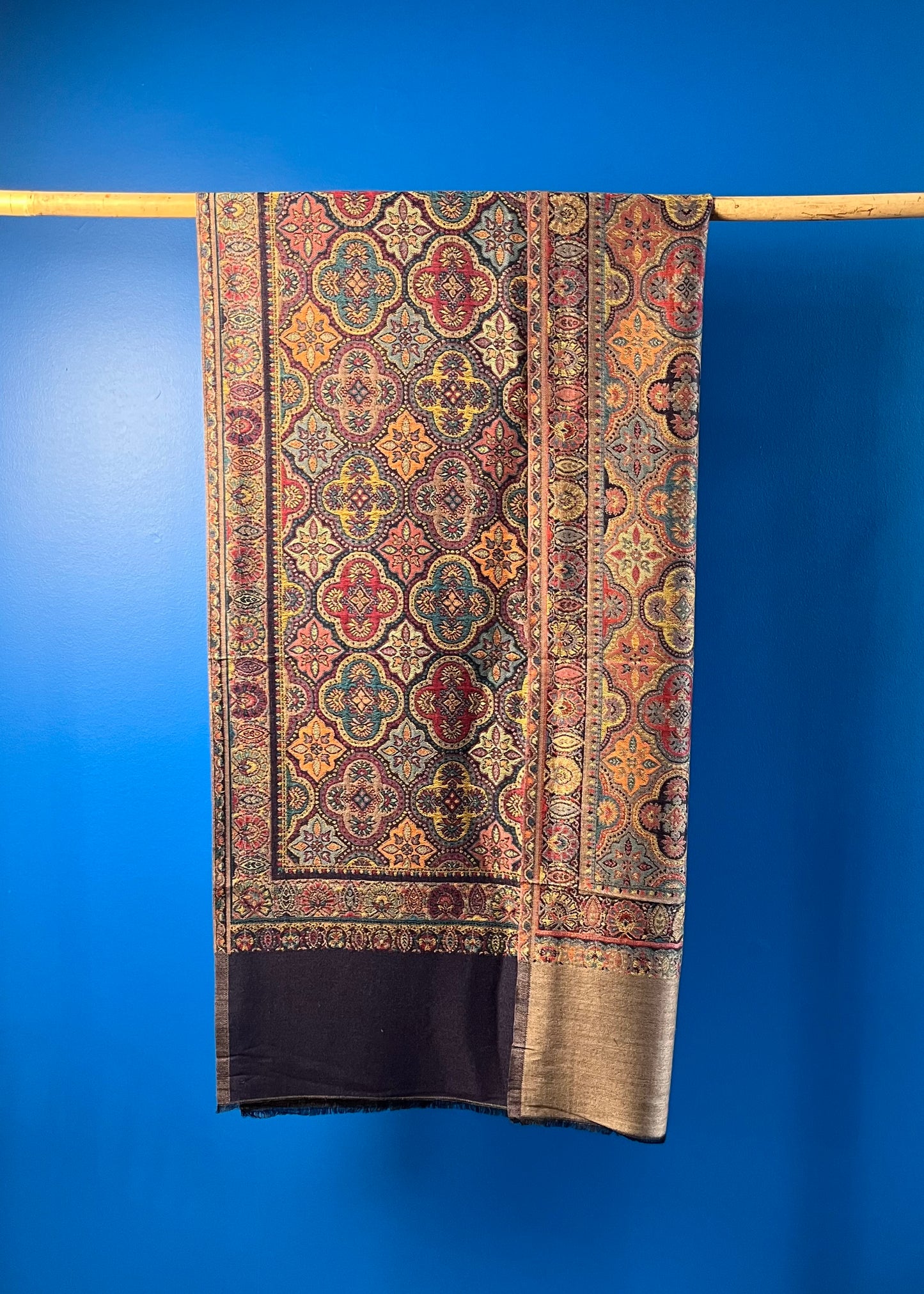 Wool Tencel Wide Scarf in Navy Blue Beige- Pattern 1