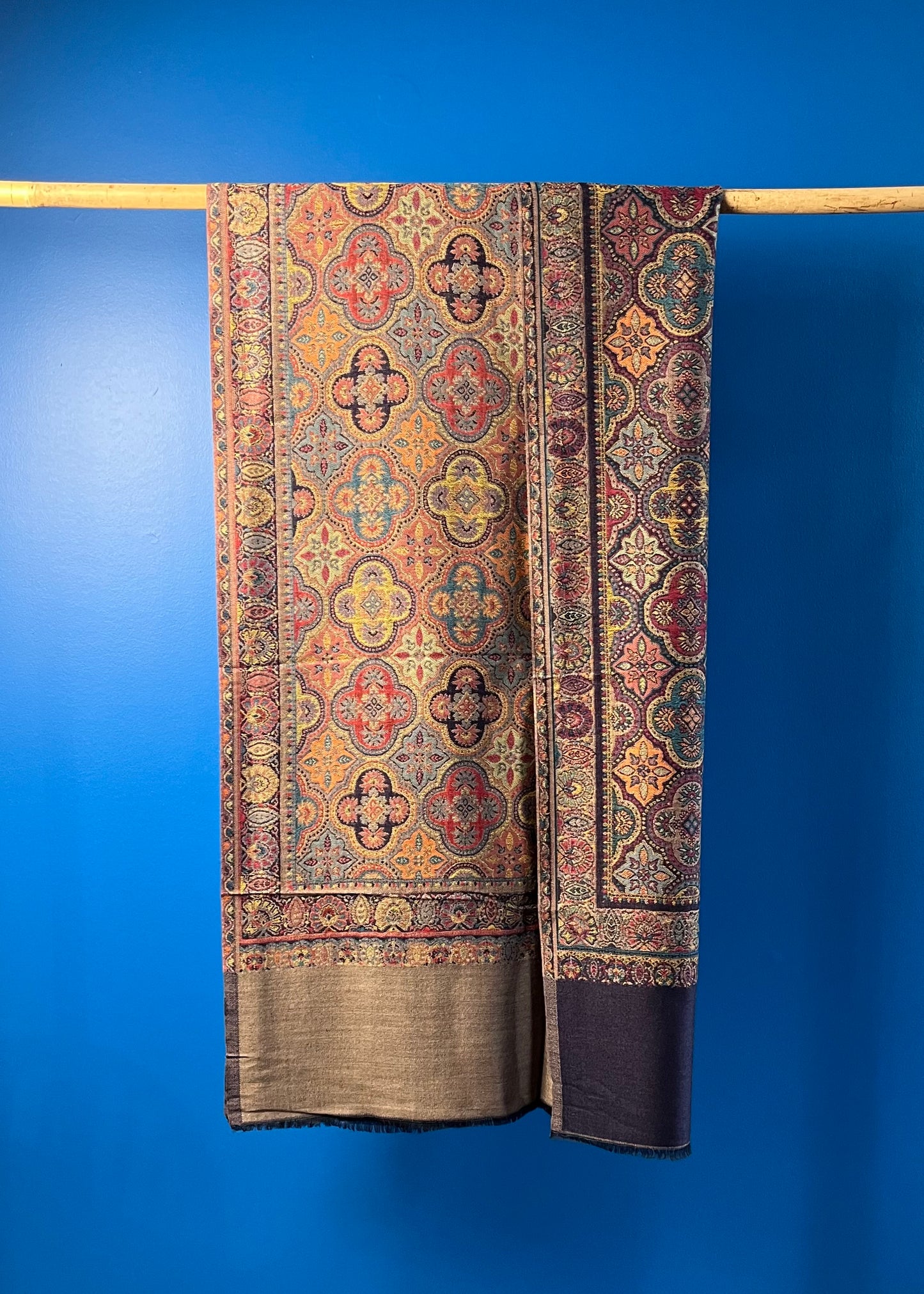 Wool Tencel Wide Scarf in Navy Blue Beige- Pattern 1