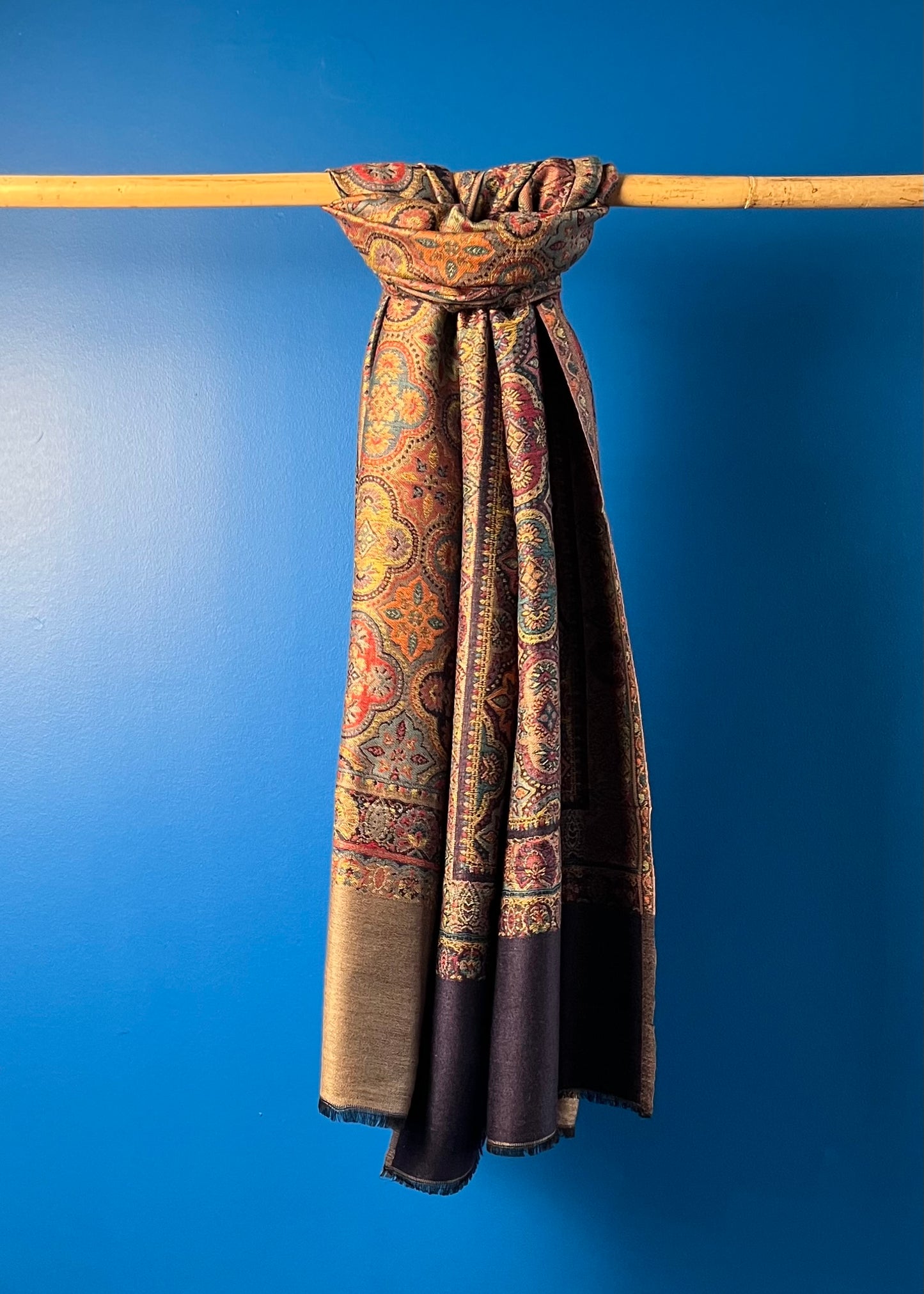 Wool Tencel Wide Scarf in Navy Blue Beige- Pattern 1