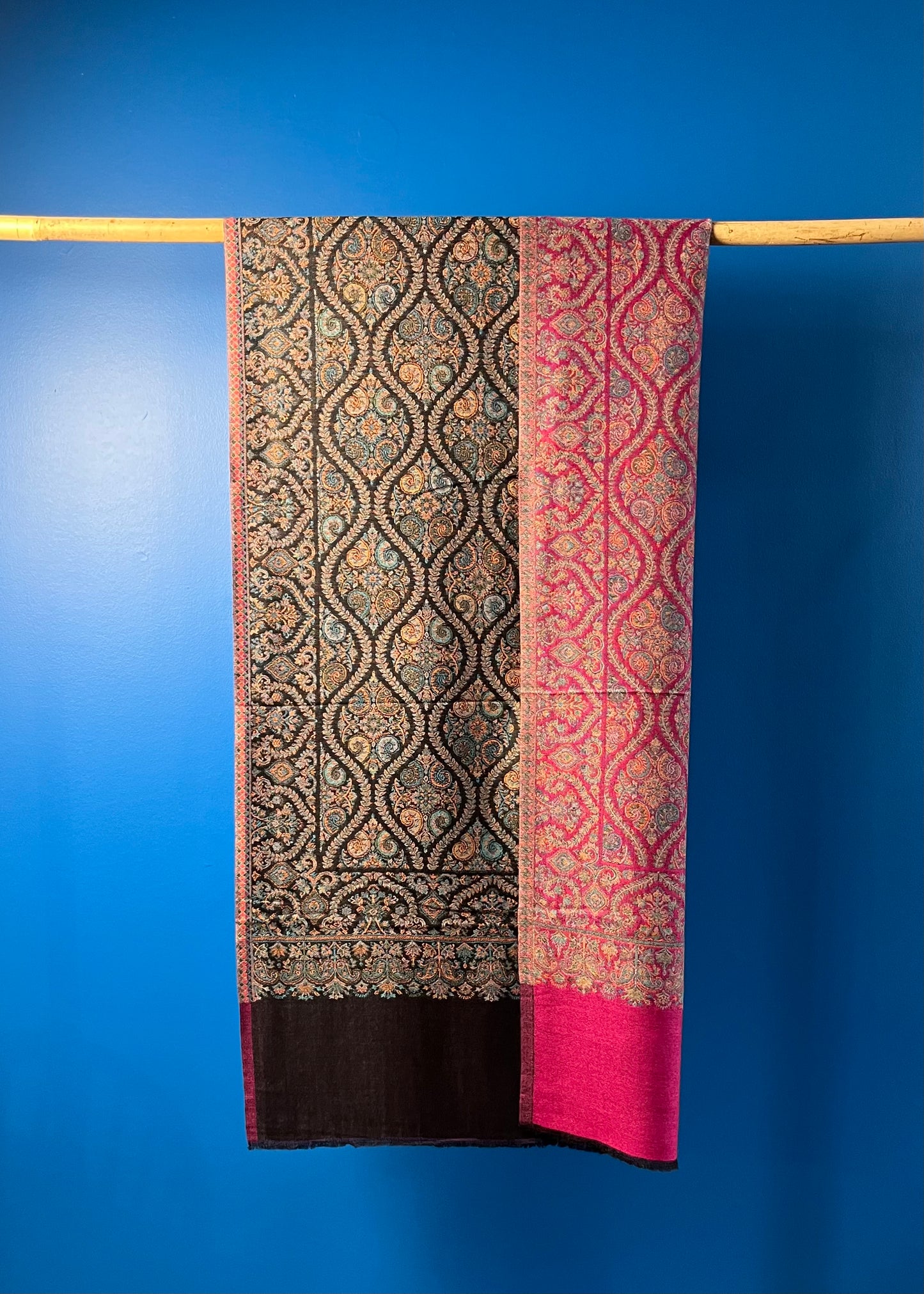 Wool Tencel Wide Scarf in Magenta Black