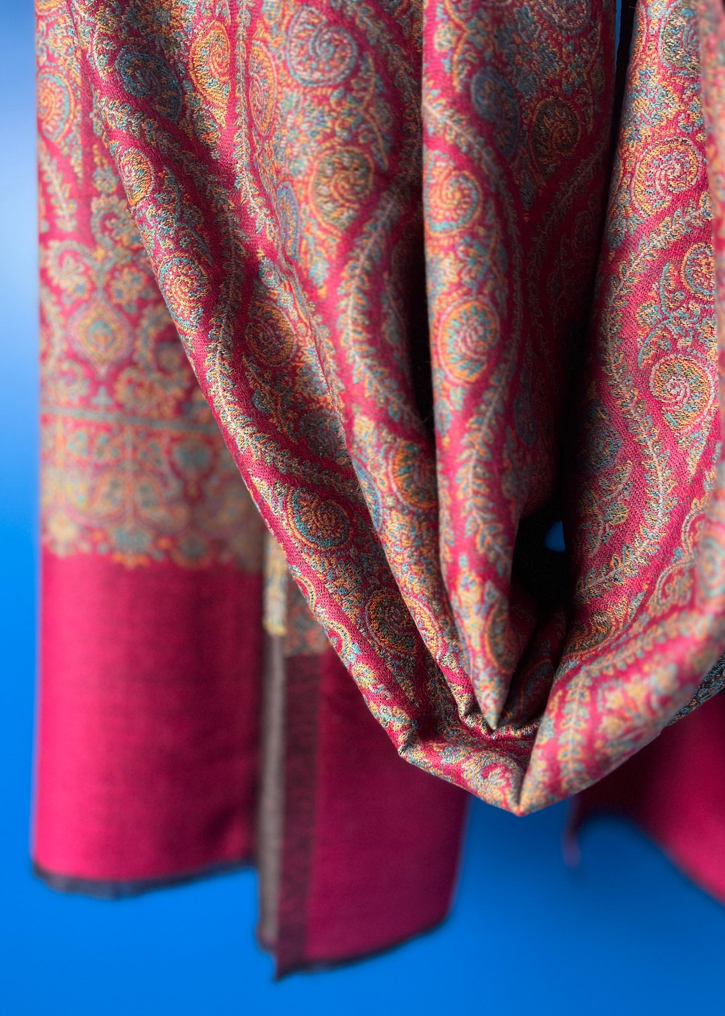 Wool Tencel Wide Scarf in Magenta Black