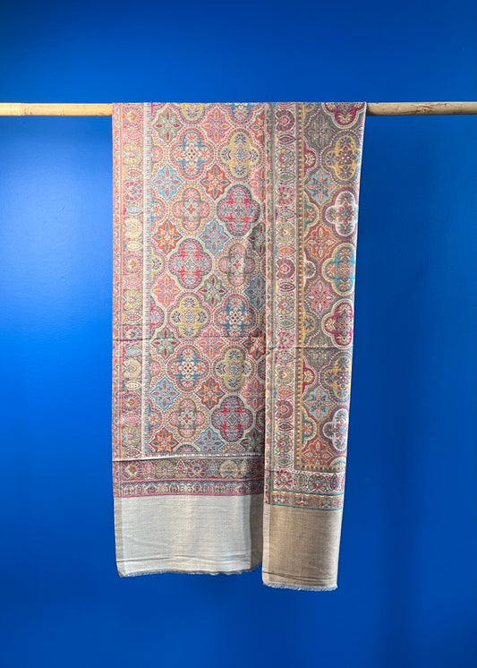 Wool Tencel Wide Scarf in Dk. Beige- Pattern 1